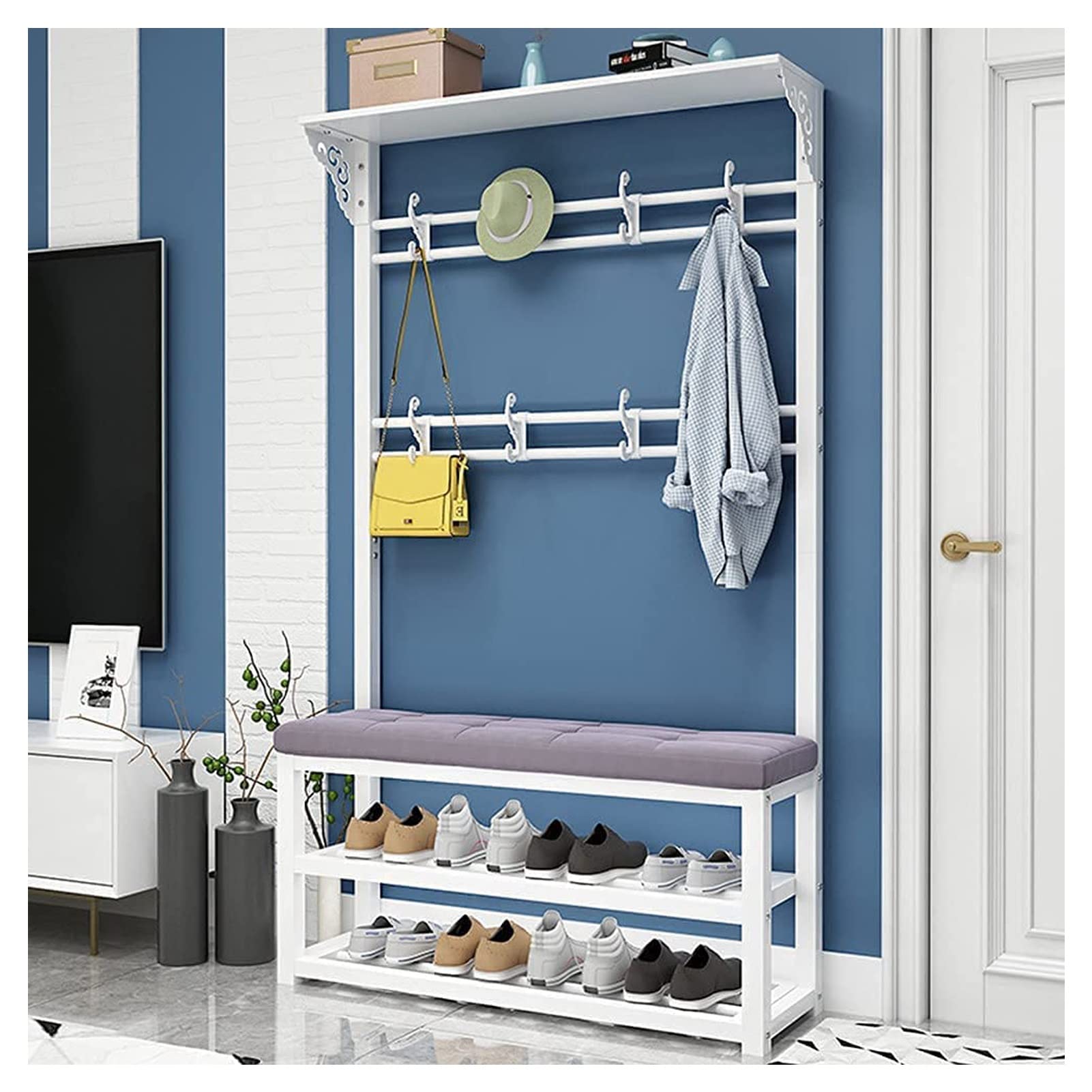Coat Rack Metal Coat Rack Stand 3 in 1 Clothes Rails with Bench 8 Hooks and 2 Tier