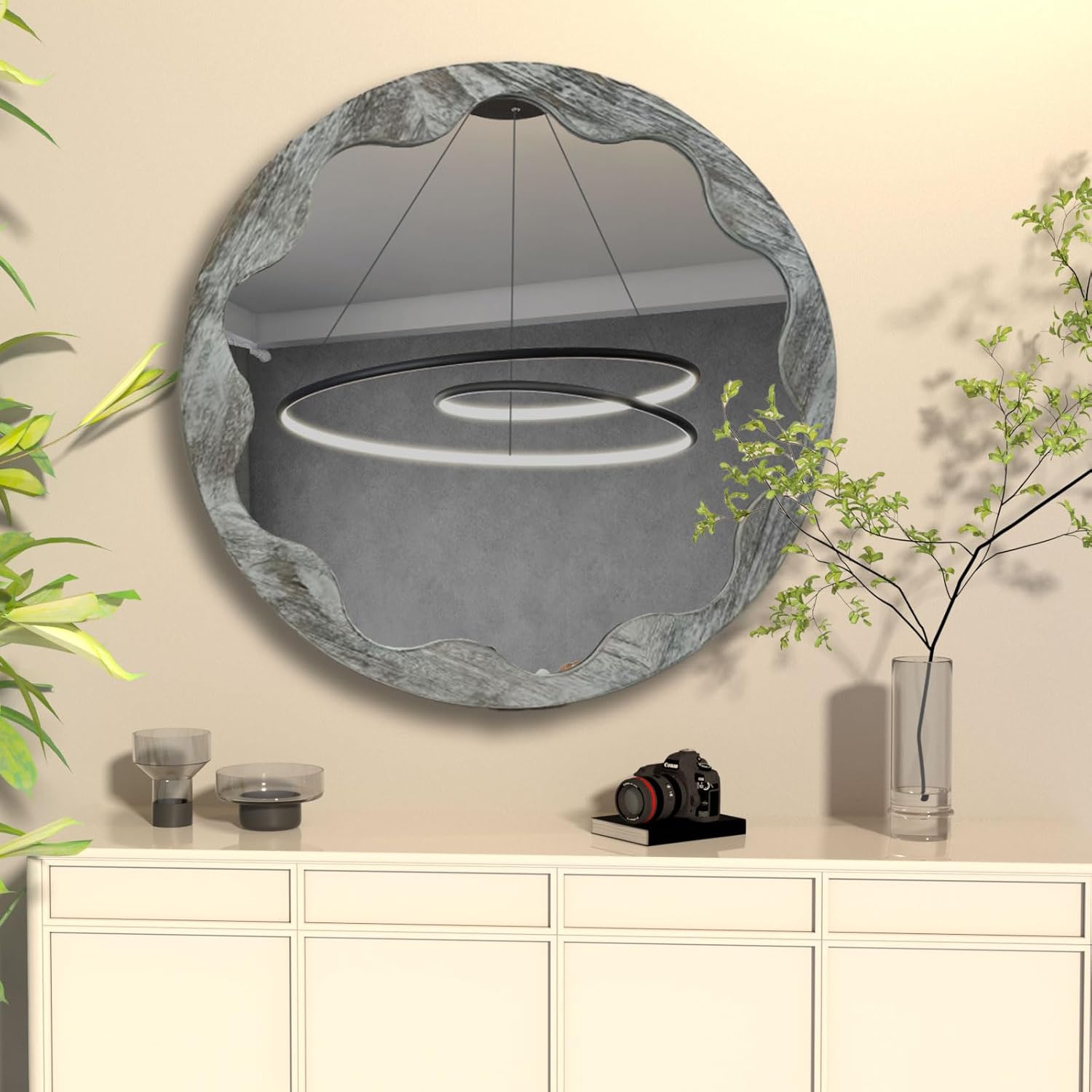 Round Wood Mirror 24 Inch,Circle Mirror with Wood Frame for Wall,Rustic Natural Wooden Frame Decorative Round Boho Wall Mirror for Bathroom Bedroom Living Room