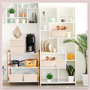Menkxi 6 Pcs Small Plastic Storage Bins with Lids,Beige