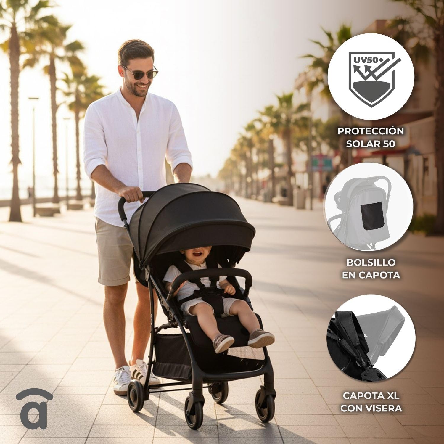 Asalvo MILÁN Silla de Paseo Ultraligera para bebé, Carrito de paseo, Respaldo Reclinable, Cochecito urbano, Arnés 5 Puntos, SPF50+, Capota con Ventana, Manejable y Máxima Seguridad, Hasta 16 kg, Negro