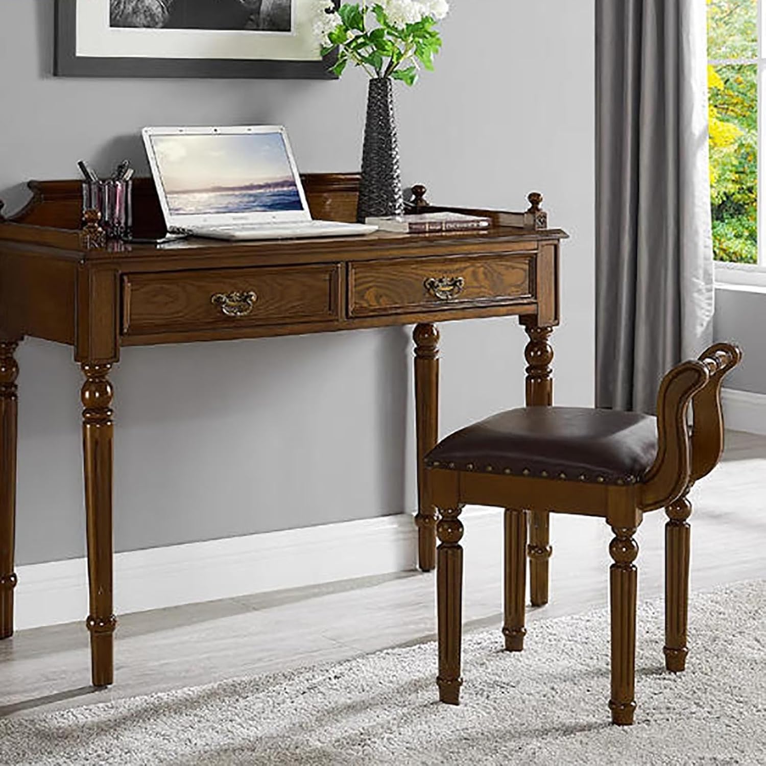 Leather Ottoman Vanity Stool,Brown Chair for Makeup Room,Upholstered Fabric Vanity Bench Seat for Bedroom Living Room Dining Room Makeup Chair Piano (Walnut, 23×17×15)