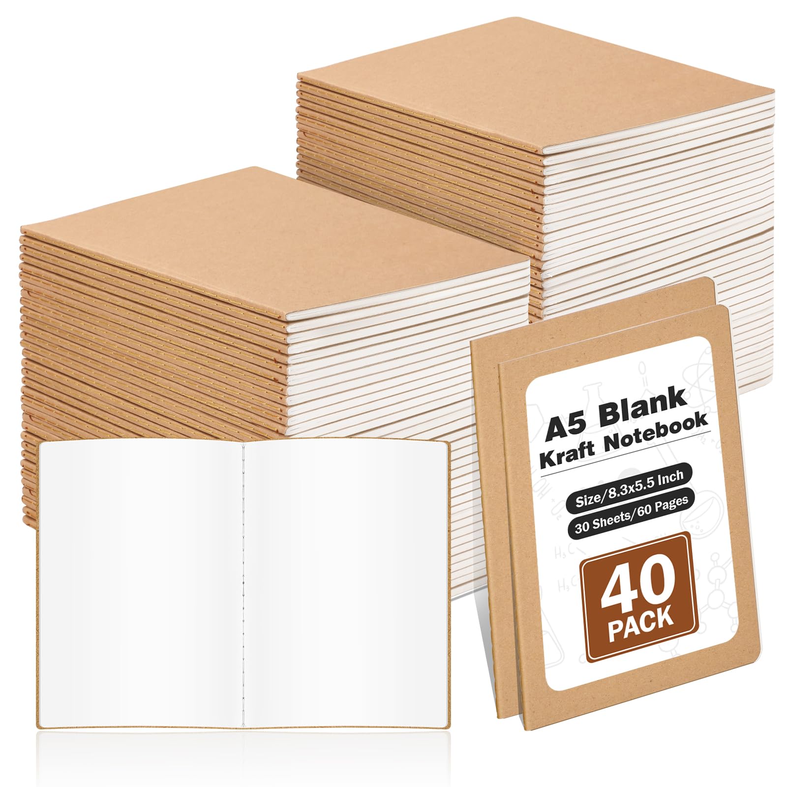Paquete de 40 cuadernos de papel kraft en blanco, cuaderno A5 a granel, sin
