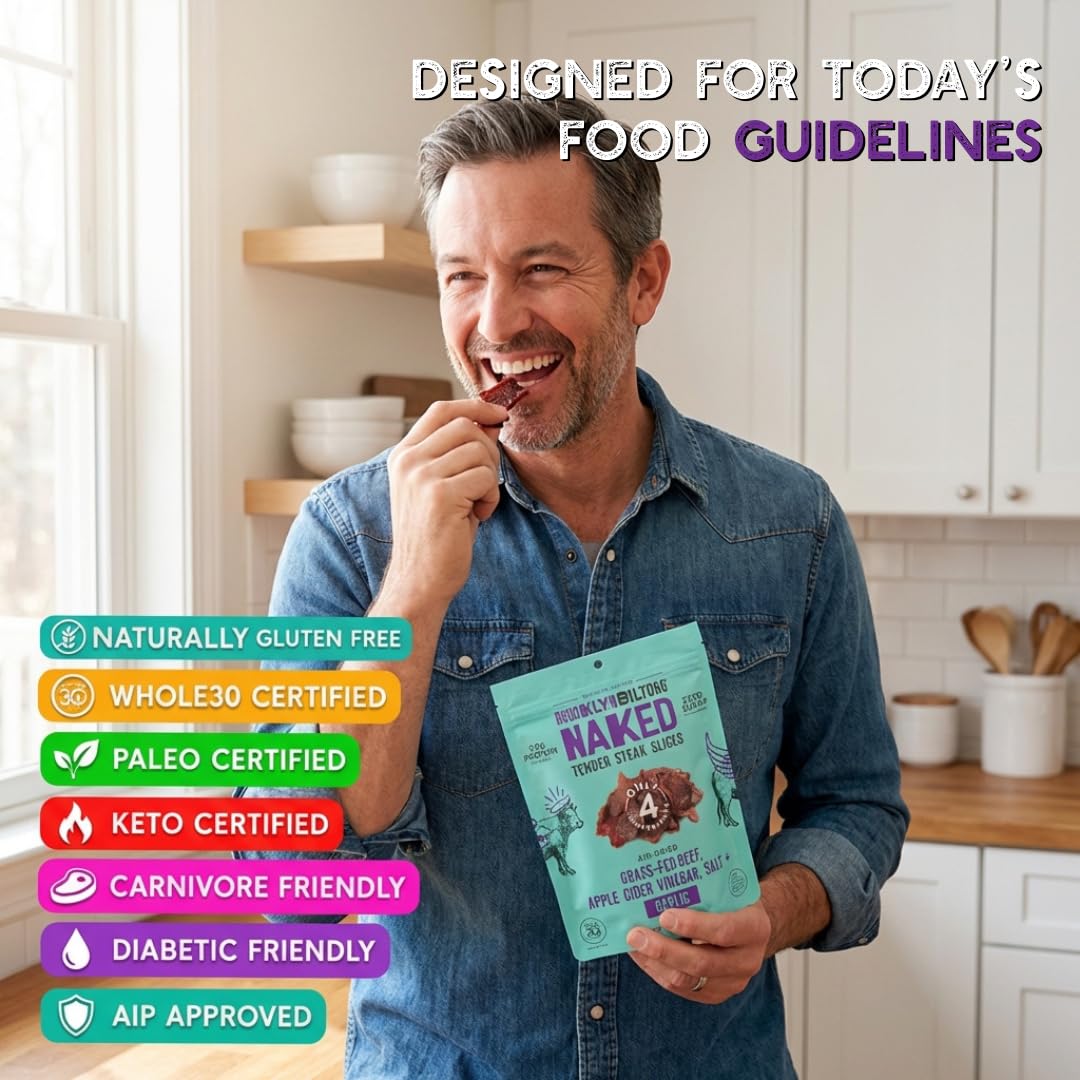 Brooklyn Biltong - Air Dried Grass Fed Beef Snack - Whole30 Approved, Paleo, Keto, Gluten Free, Sugar Free, Made in USA - 2 oz. Bags, 8 Count (Steakhouse)