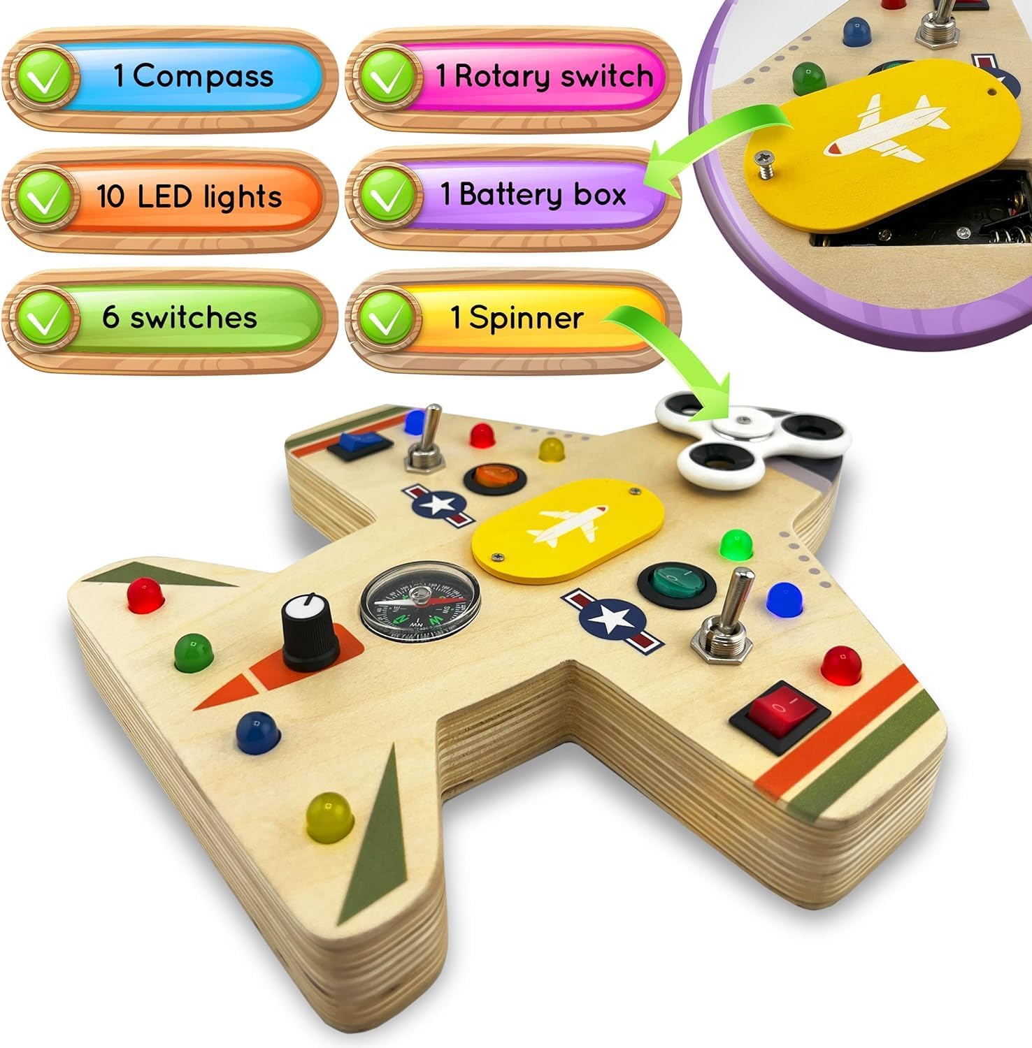 Toddler Montessori Busy Board - Wooden Educational Toy with Lights, Switches, Compass, Relay, Spinner - Sensory Board - Preschool Motor Skills Learning Activities - Christmas & Birthday Gift