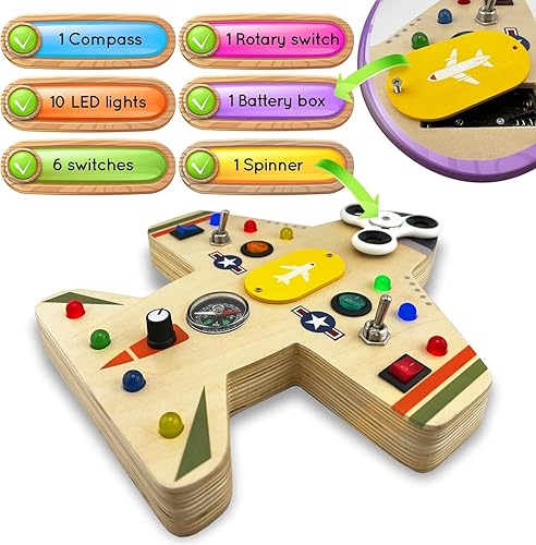 Miniatura 10 de Tablero Montessori para niños pequeños, juguete educativo de madera con luces, interruptores, relé, llave, bombillas, tablero sensorial sobre