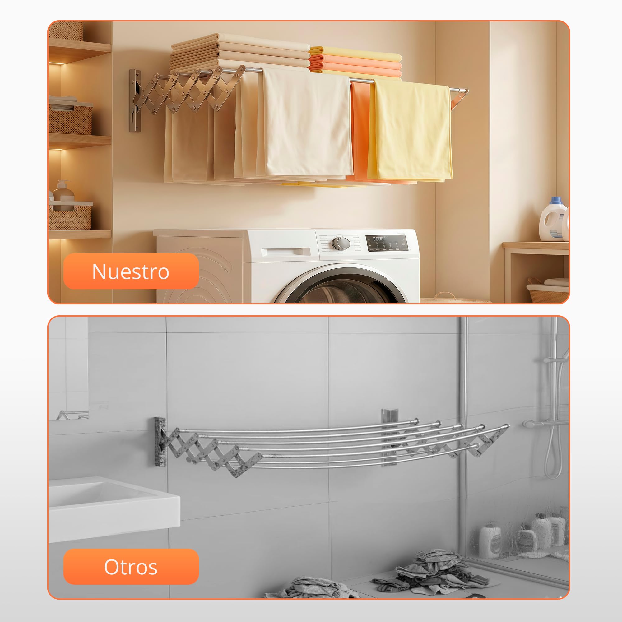 JUPPLIES Tendedero Extensible Pared 100 cm - Tendedero Plegable de Pared de Interior o Exterior Apto para Todo Tipo de Ropa con 5 Barras de Secado - Pinzas Incluidas