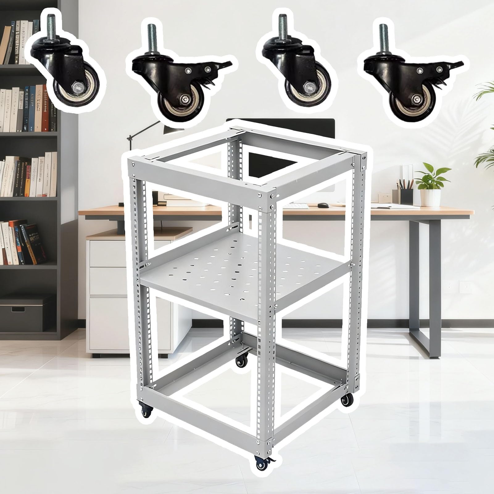 Regał serwerowy Biała, Otwarta Rama Serwerowa z Wentylowaną Półką, Ruchoma, Jezdna Szafa Sieciowa do Domu, Metalowa Szafa Komputerowa na Sprzęt 48 cm(22U,D 66 cm (26"))
