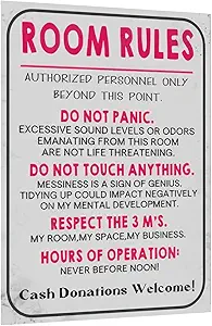 Vintage Metal Tin Sign Funny Sarcastic Party Wall Art Decor Signs Funny Room Rules Sign, Preppy Aesthetic Wall Decor, Suitable for Bedroom, Bathroom, Dorm, 8x12 Inch Metal Plaque, Perfect Birthday and Holiday Gift