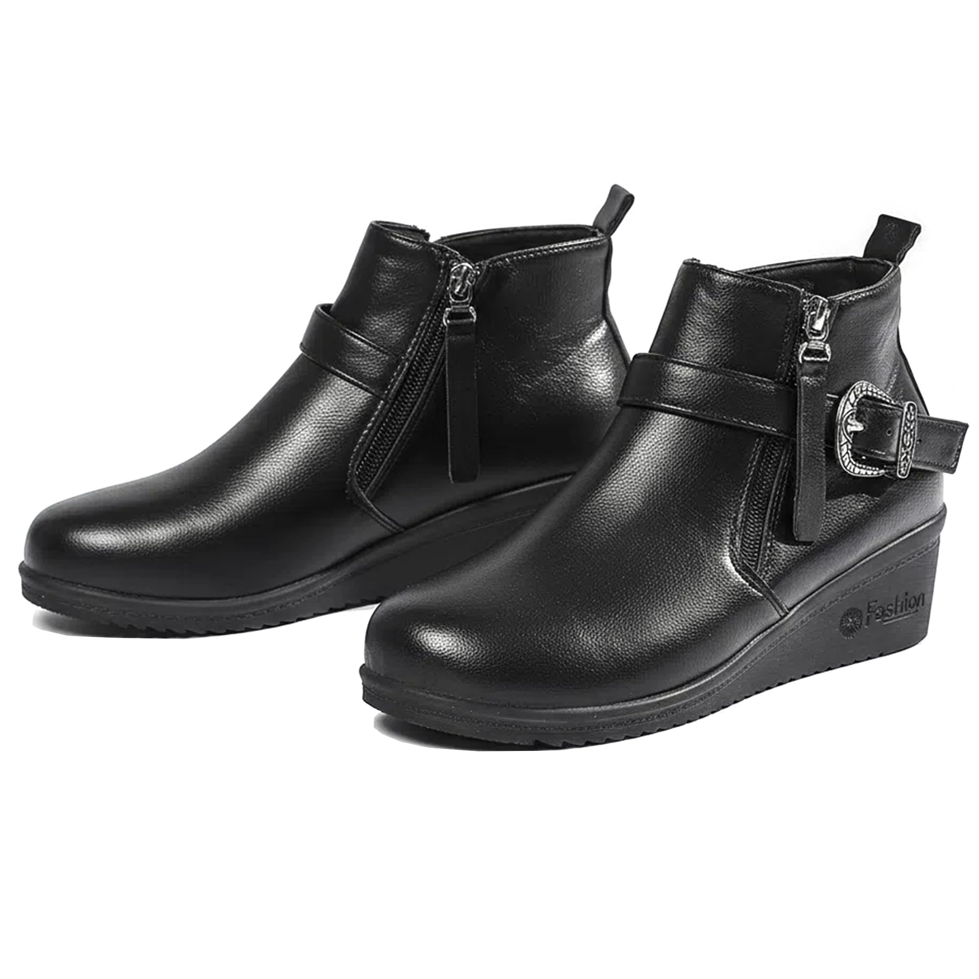 Womens Leather Wedge Ankle Boots With Side Zipper Fashionable Round Toe Buckle Strap Platform Suitable For Everyday Walking