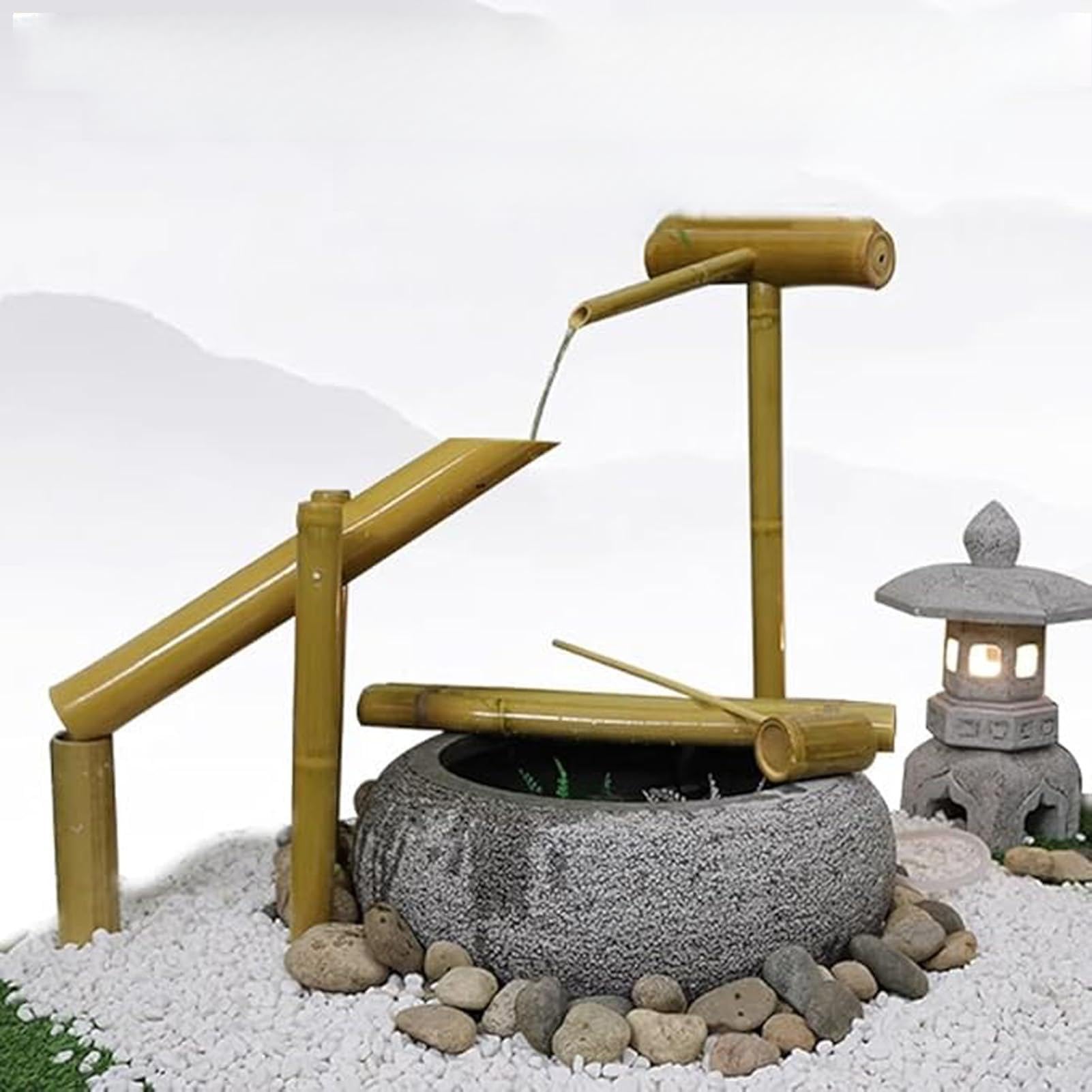 Fontana Solare in bambù con Pompa, Elemento d'Acqua Zen Feng Shui, Decorazione da Giardino autoportante, Stile Giapponese, per laghetto, Prato, Patio, Cortile, Balcone.