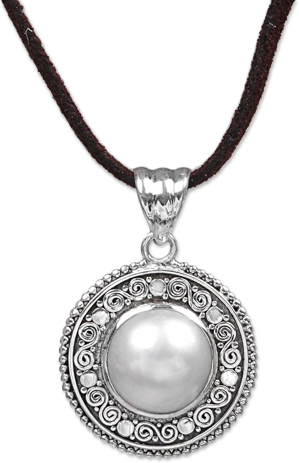 NOVICA Artisan Handmade Cultured Mabe Pearl Pendant Necklace | Leather Cord | Indonesia | 'White Orb' | 18.5" L x 2 mm W | Pendant: 1.4" H x 0.9" W x 0.3" D