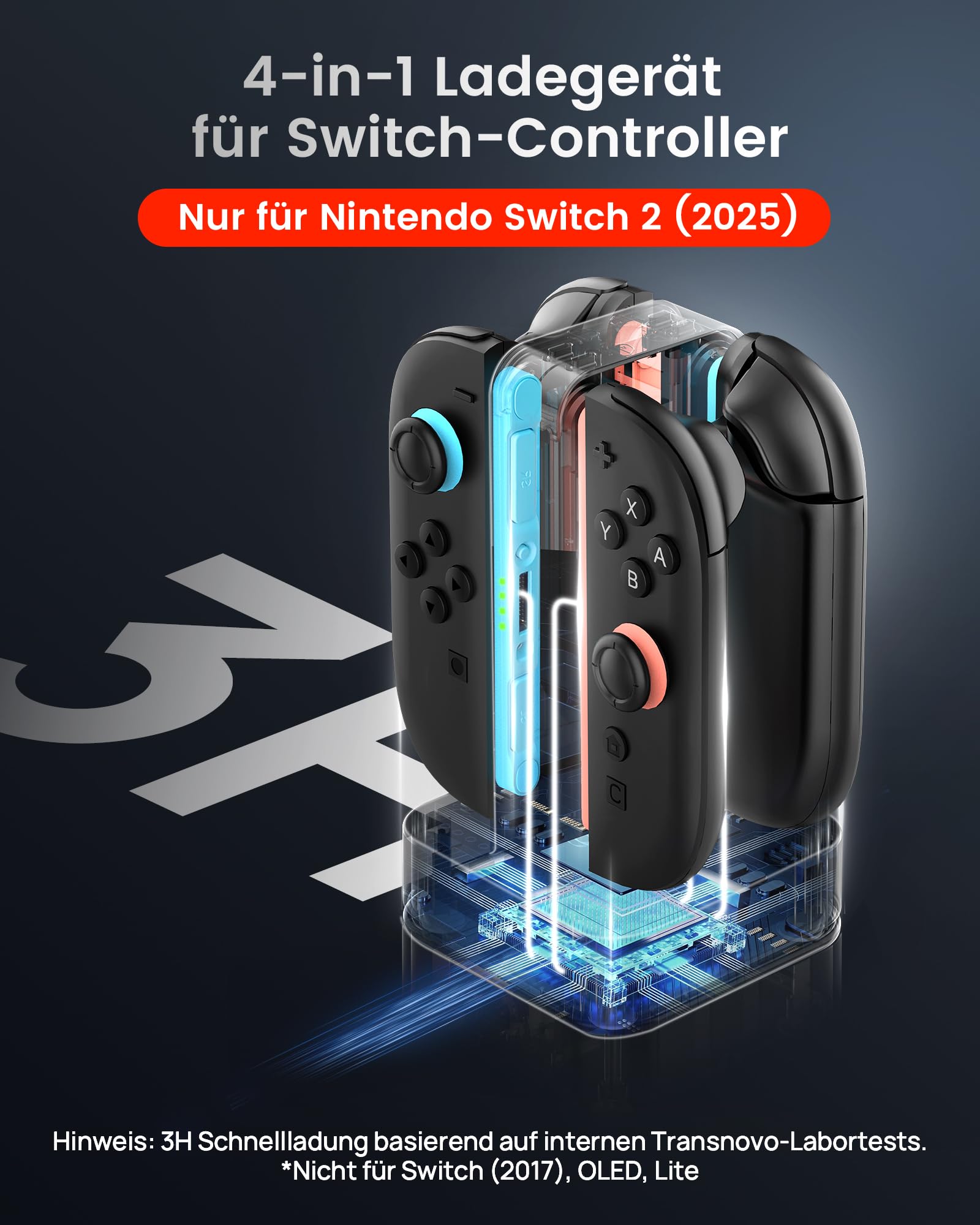 TRANSNOVO Ladestation für Nintendo Switch 2, 4-Fach Controller Ladestation mit LED-Anzeige, 9 RGB-Beleuchtungsmodi, 8 Spielkarten-SpeicherpläTZE & Gleichzeitiges Laden von 1–4 Joy-Cons