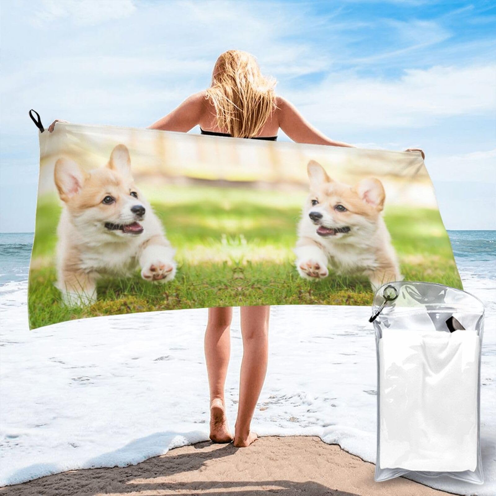 Jiuty White Corgi Puppy Print Fast Dry Beach Towel Portable For Swimming Travel Gym Hiking Gift