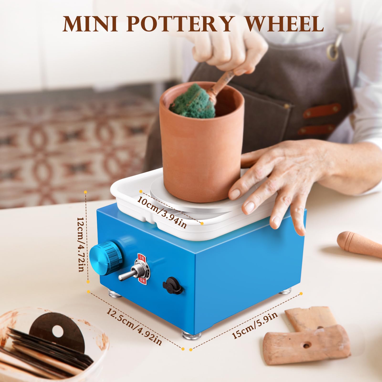 Töpferscheibe, Kooeuru Töpferscheibe Elektrisch 2000 U/min Einstellbare Geschwindigkeit, Pottery Wheel mit 10/6,5 cm Großen Platten, Formwerkzeugen, Töpferscheibe Kinder und Erwachsene (Blau)
