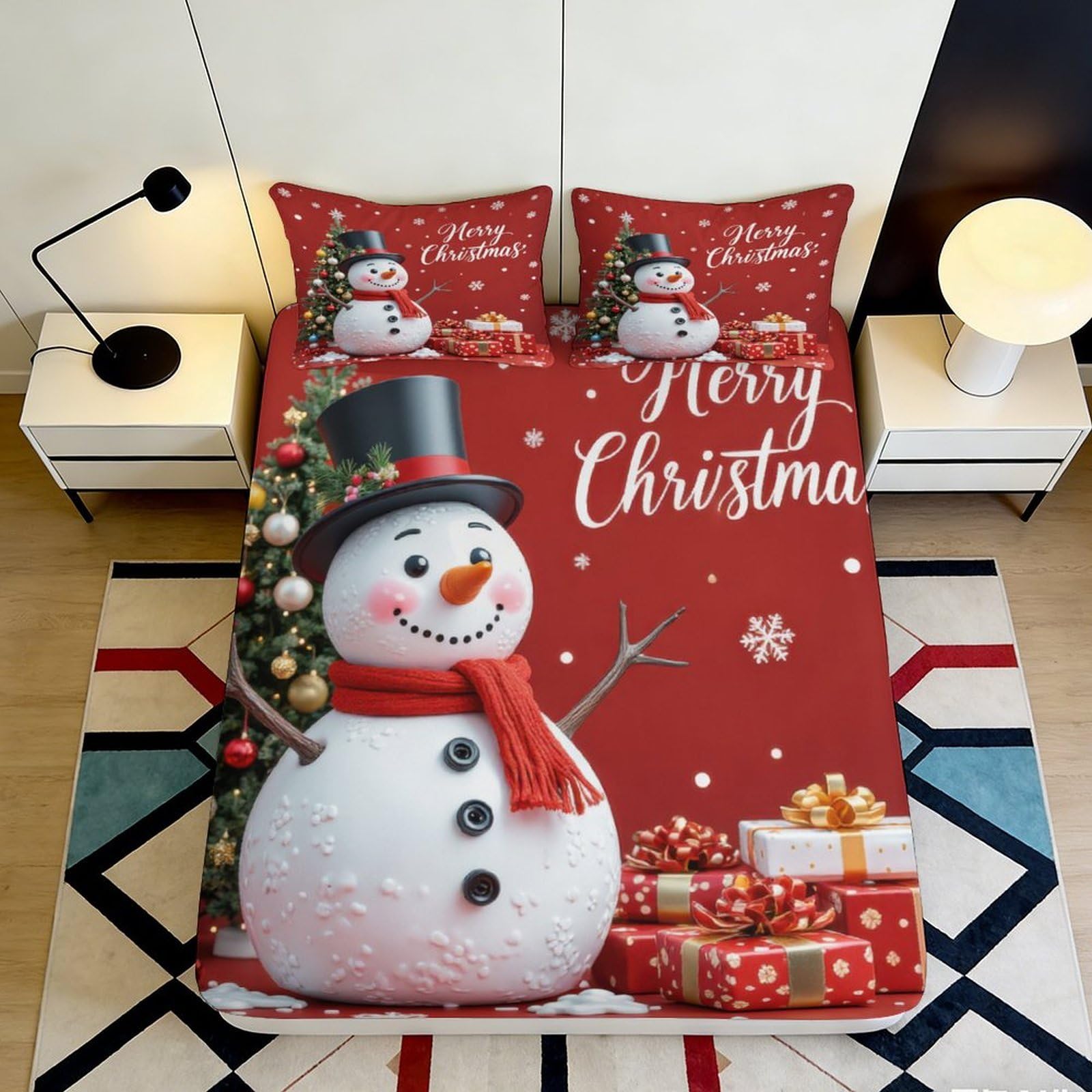 3D Printed Snowman Christmas Fitted Sheet Microfiber Red Mattress Cover Bedroom Dorm Decor 180x200x25cm
