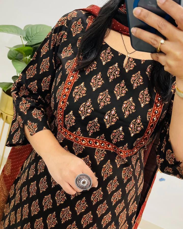 Image of Traditional Ethnic Printed Kurta Palazzo Set with Contrast Dupatta, 3 /4 Sleeves