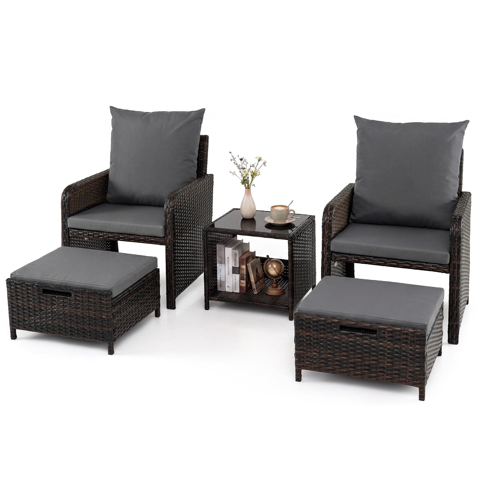 COSTWAY 5-teiliges Balkonmöbel Set, Gartenmöbel aus PE-Polyrattan (Grau)