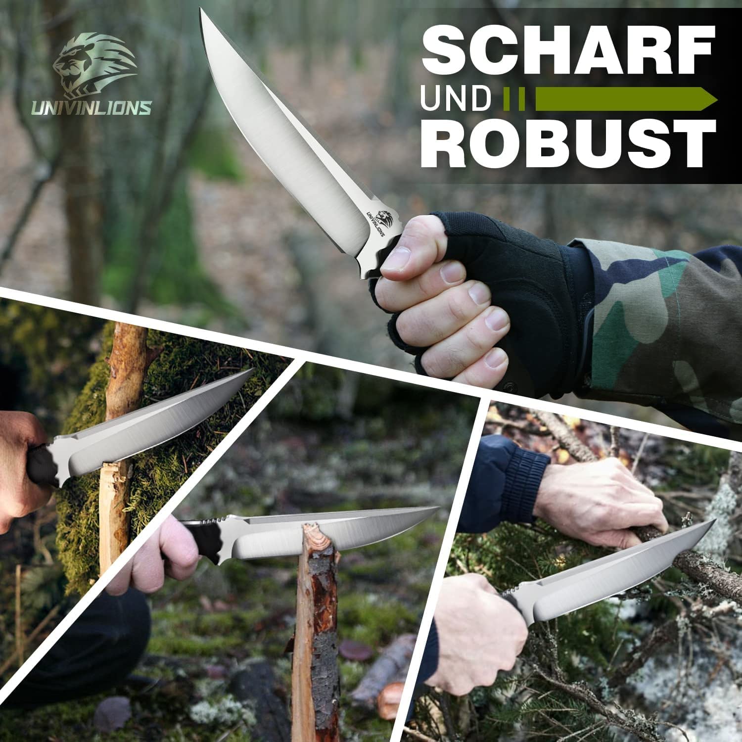 Survival Messer Outdoor-Jagdmesser mit Feststehender Klinge,Bushcraft Messer mit Scheide und Feuerstahl D2 Stahl, Full Tang K10 Griff Outdoor Messer zum Wandern Bushcraft BBQ