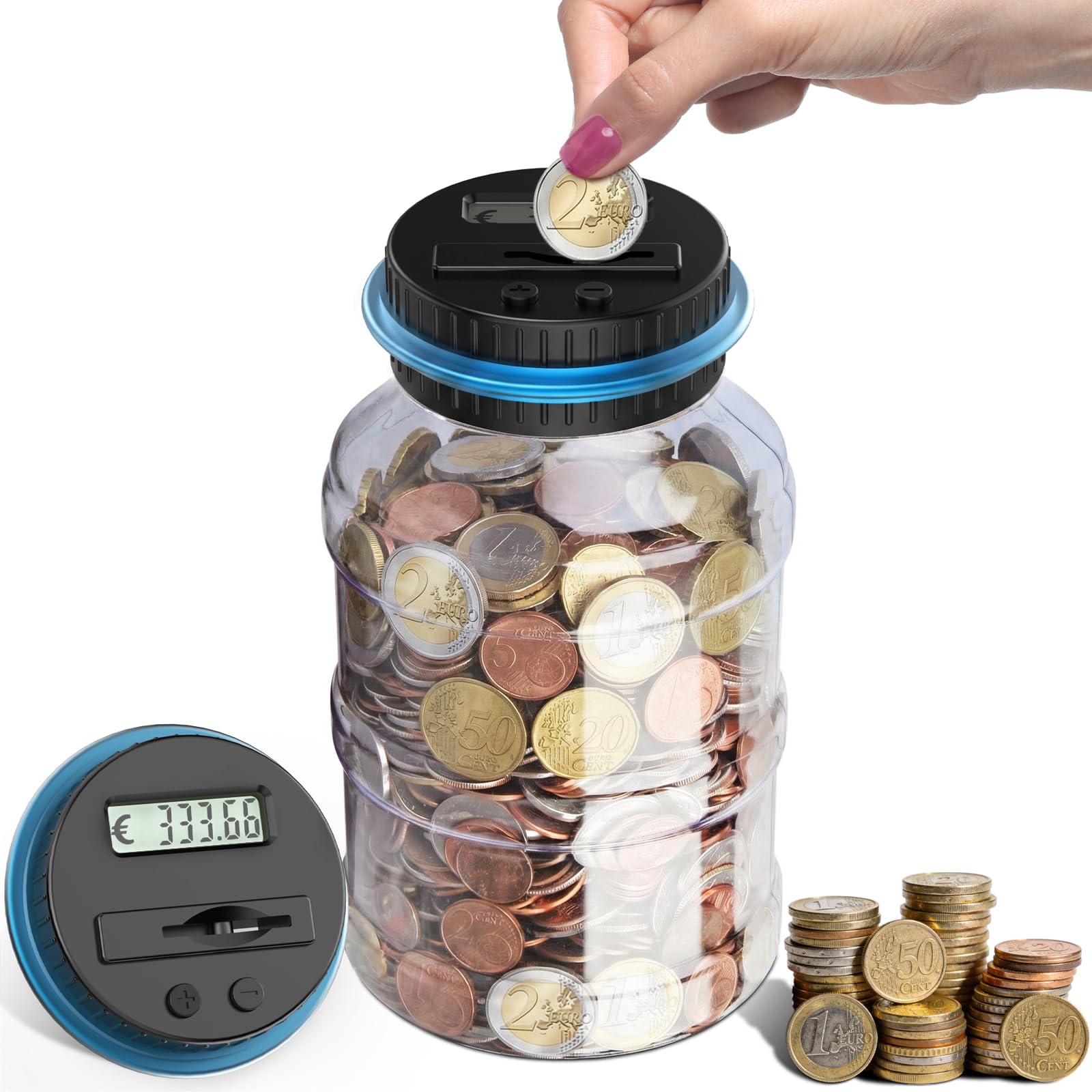 Pup Go Digitale Spardose mit Zähler, 1.8L Münzzähler Groß mit LCD Display, Sparschwein Personalisiert für Kinder Jungen Mädchen und Erwachsene, Durchsichtig Elektrische Sparbüchse Zählwerk XXL