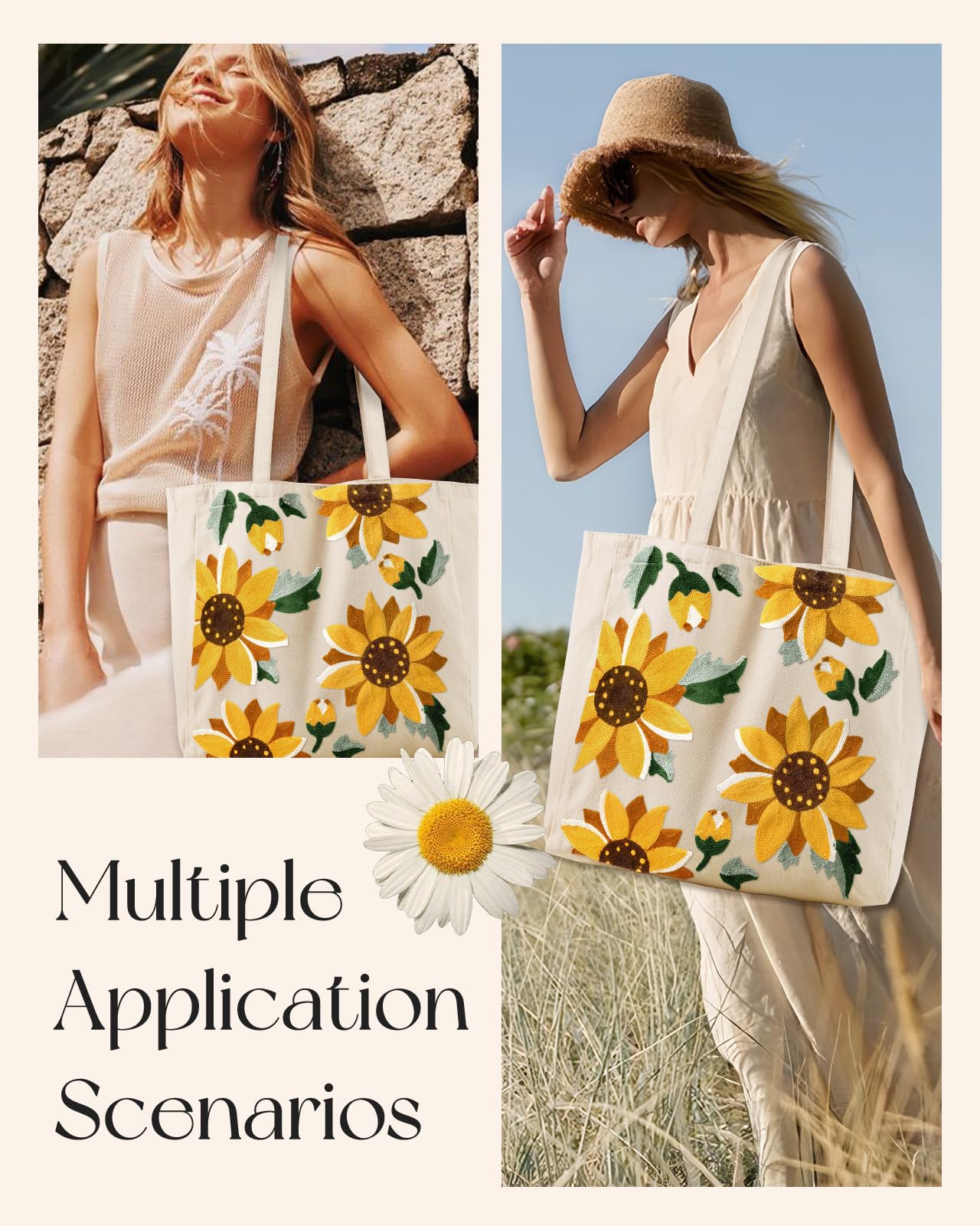 Miss Adola Bolsa de lona con bordado estético para mujer, reutilizable, bonita bolsa de hombro para compras, comestibles, trabajo, libro
