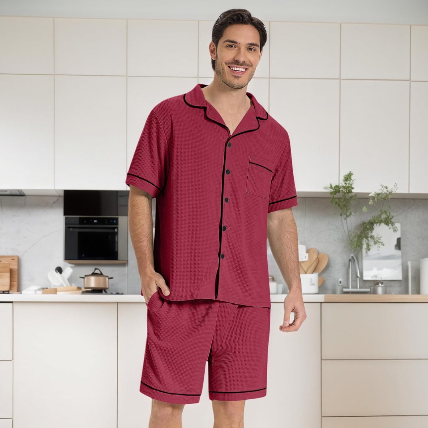 SIORO Mens Pajamas Set Short Sleeve Sleepwear Button Down Pjs Set Waffle Knit Loungewear Nightwear Shorts Set with Pockets - Image 3