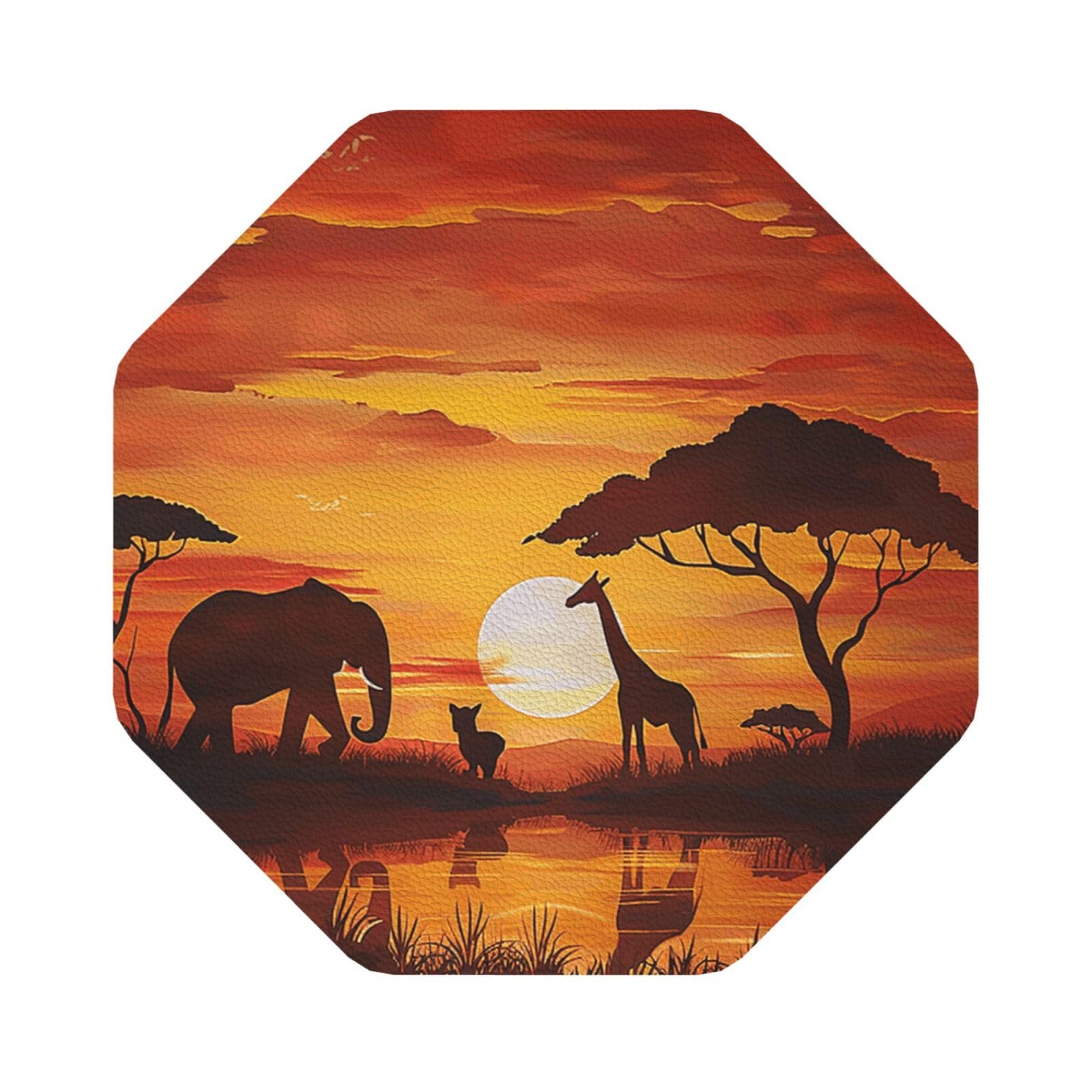 Elephant and Giraffe in The Sunset Print Leather Coaster Set of 6, Octagon Coasters Table Decorative Coffee Cup Beverage Coasters Wine Beer Bar Coasters for Hot Drinks Table Protection
