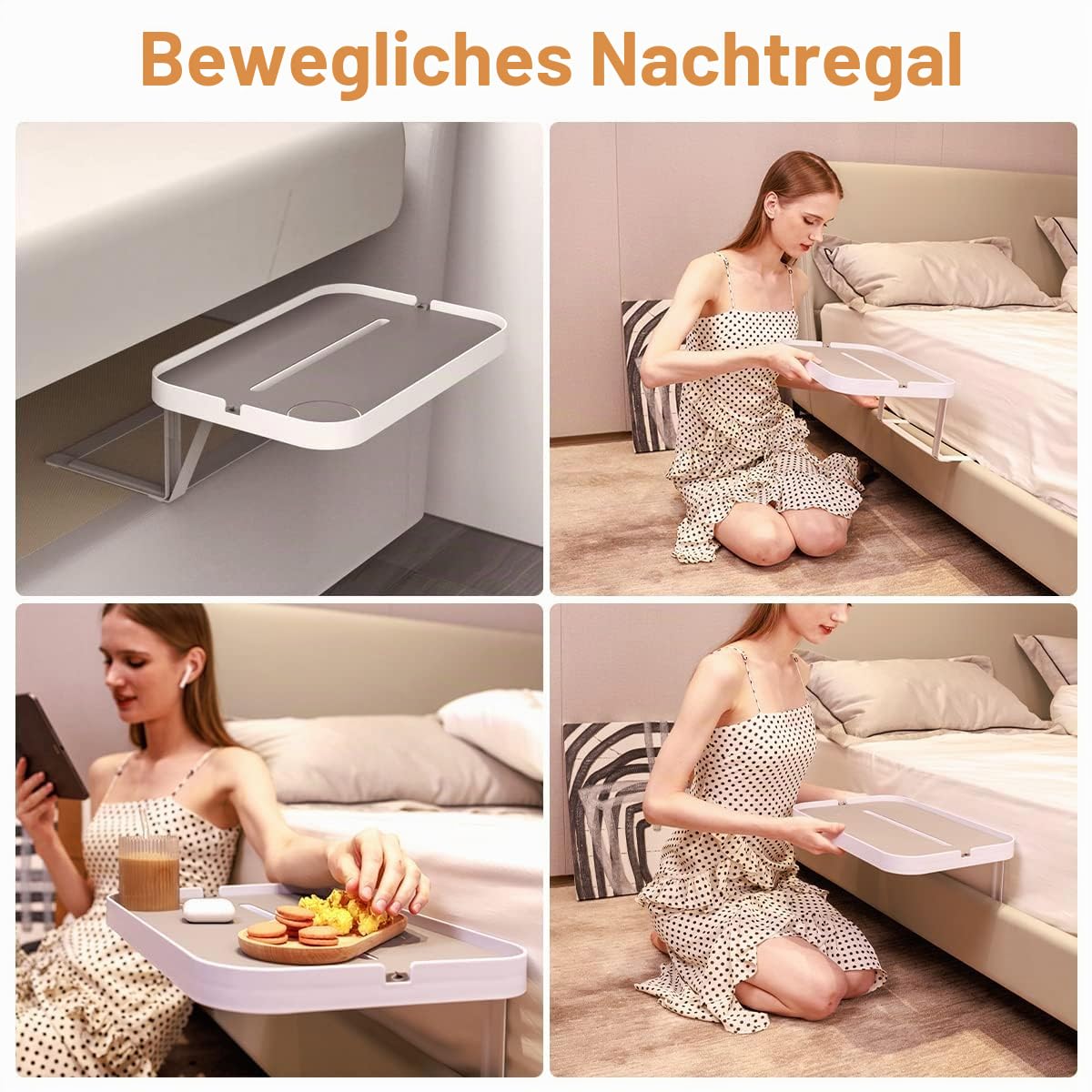 KIWIFOTOS Nachttischablage für Bett ohne Seitenrahmen, Nachttisch-Tablett für Plattformbett mit Getränkehalter, Kable-Organizer, stummes Design (Model L)