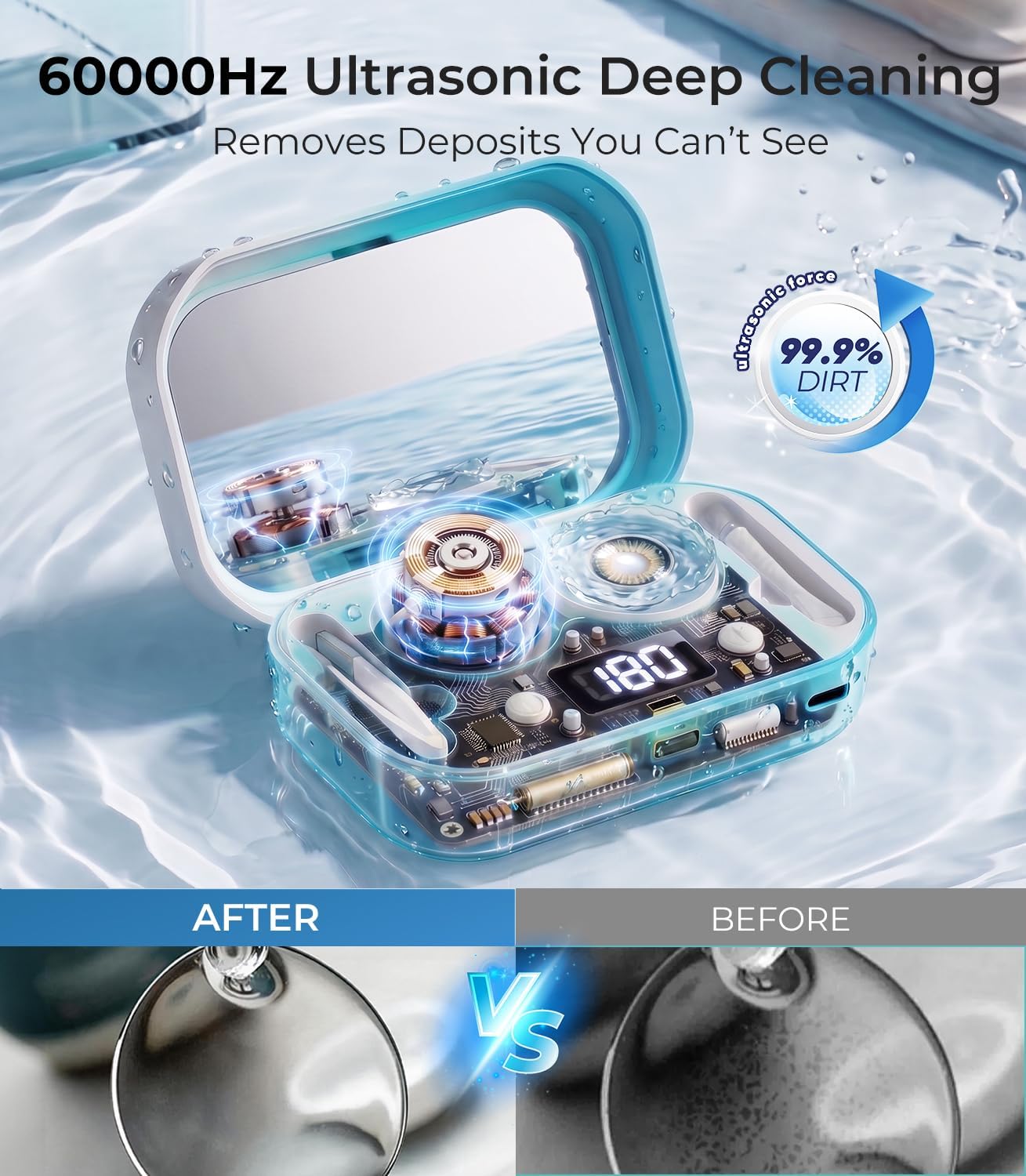 2026 QITQUNS 3-in-1 Ultrasonic Contact Lens Cleaner【Industry-Leading 60,000Hz Ultrasonic Power】 Contact Lens Cleaner Machine with Contact Lens Applicator Tool,Blue