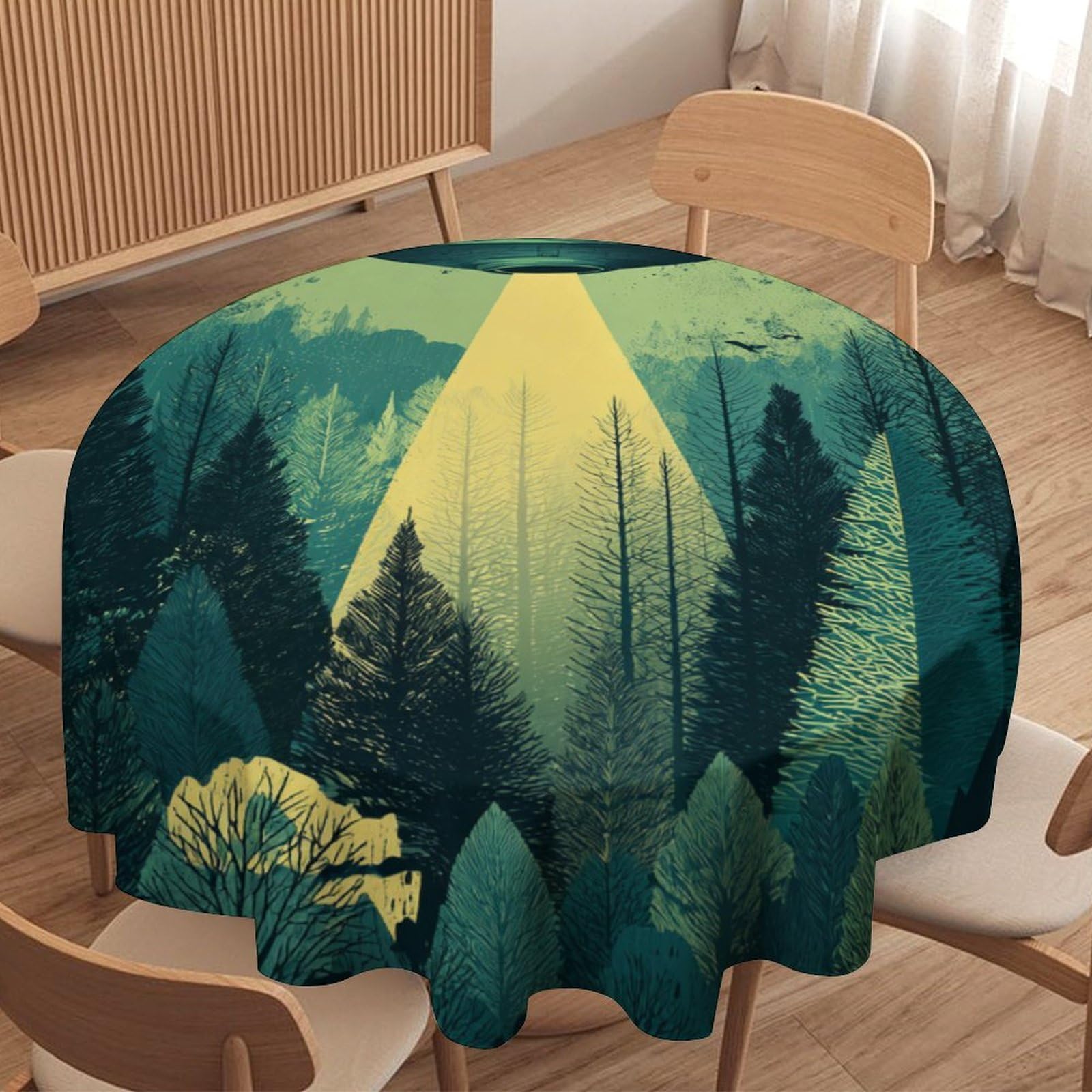 LUYYSKY Beautiful Classic Alien Spaceship Waterproof Round Tablecloth Fantasy Realistic Full Moon Pine Forest UFO Pattern Washable Table Cover for Kitchen-91.4" Wx91.4 L cm