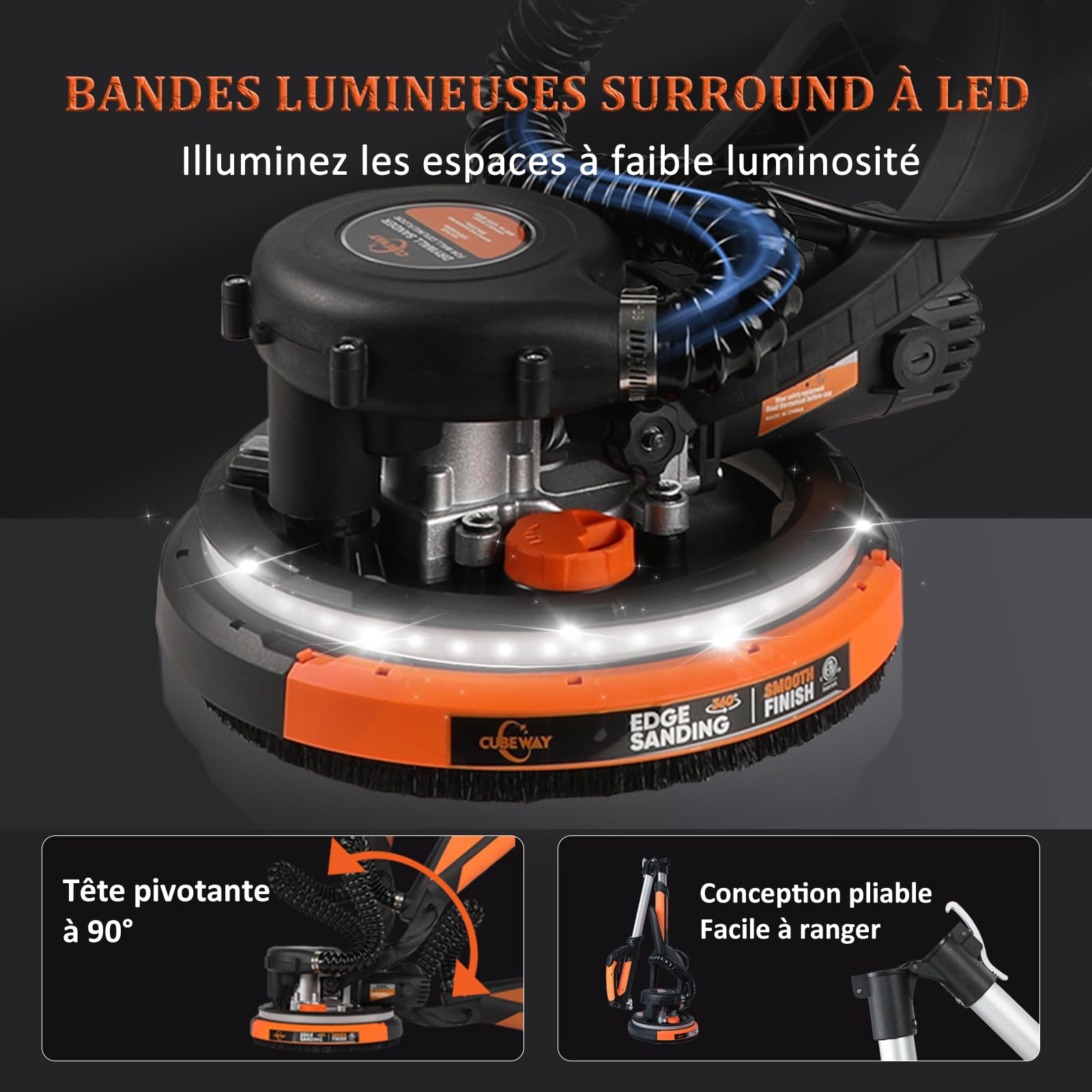 Ponceuse Girafe avec Système d'aspiration Automatique, 750W Professional Ponceuse Plaquiste, 7 vitesses(900-1800rpm),Ponceuse Murale Électrique Pliable, avec lumière LED