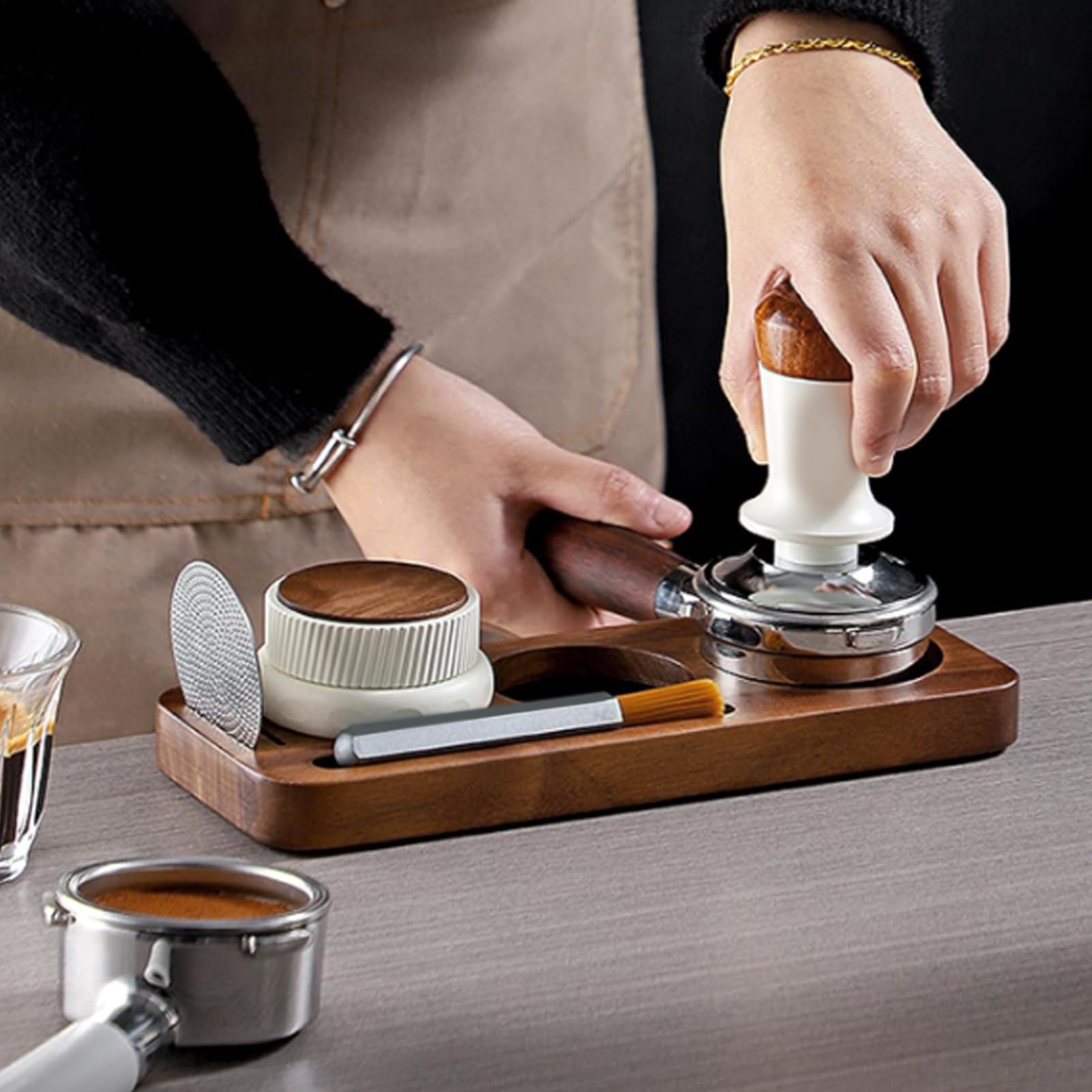 Tamping-Station für 51 mm Siebträger, Walnussholz, Kaffee-Tamper-Aufbewahrungsständer für Zuhause, Café