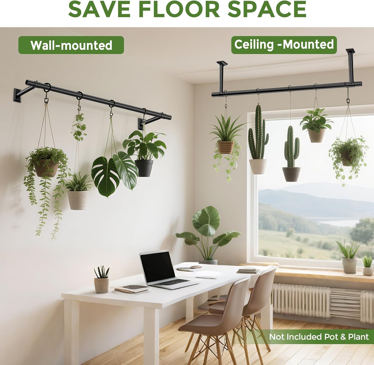 2 Pack Hanging Planters for Indoor Plants, 32 Inch Heavy Duty Plant Hanger Indoor, 1 Inch Diameter Metal Rod, Hanging Plant Holder for Window Wall, Matte Black , Square Flange Base, Pot Not Included