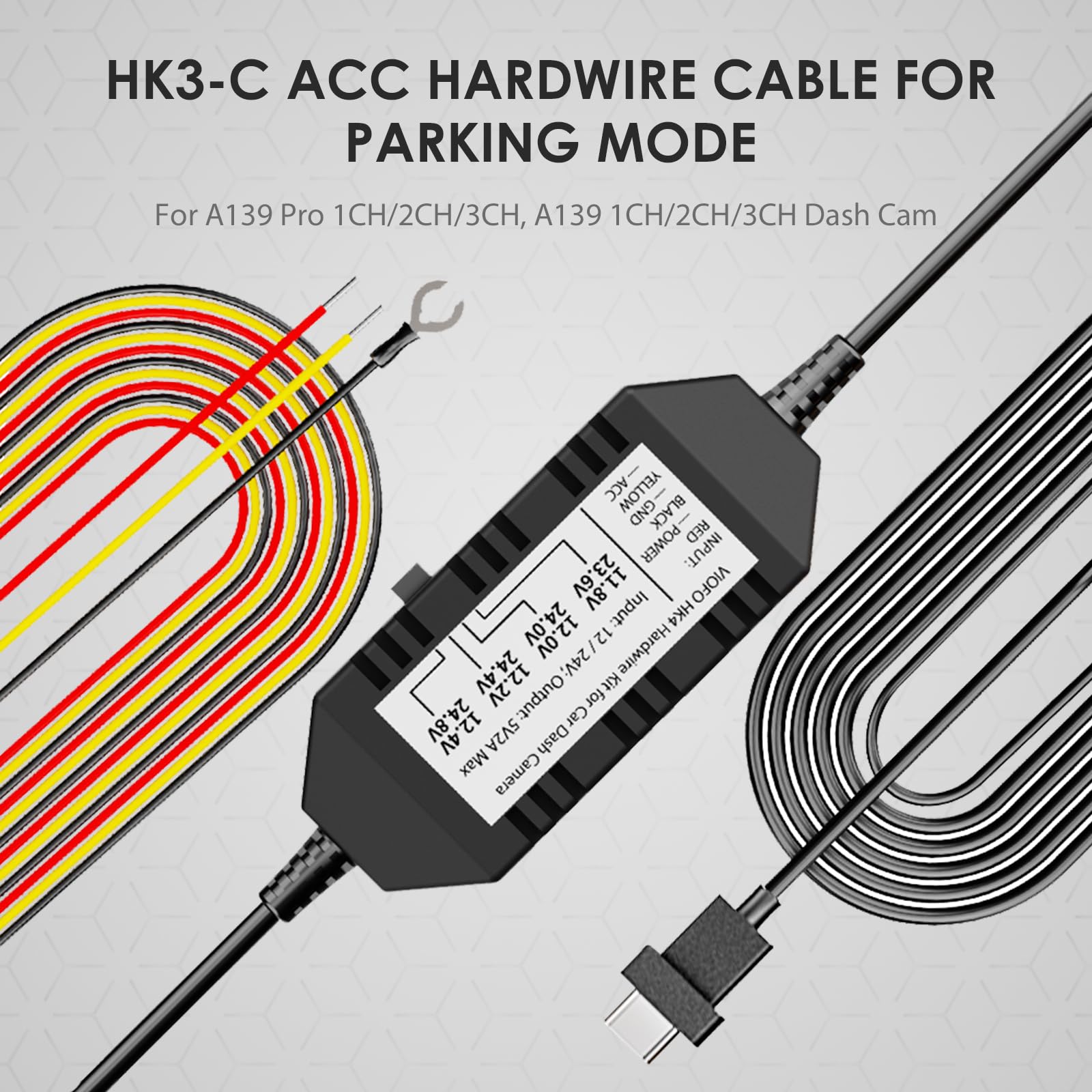 VIOFO HK3-C Acc Hardwire zestaw, 4 m, zestaw twardych przewodów USB-C do kamery samochodowej A139 / A139 Pro, ochrona przed niskim napięciem