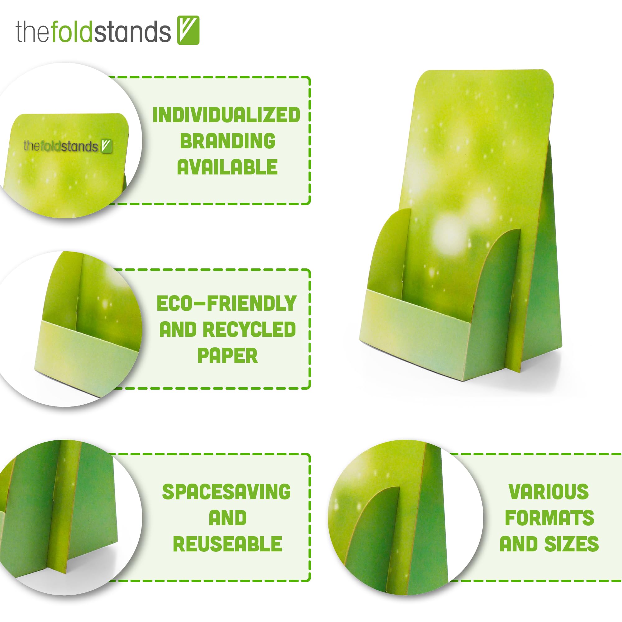 5 soportes plegables Green Design para folletos DIN A6 Flyer vertical, 14,8 x 21 cm, de eco cartón FSC, uso a corto y medio plazo