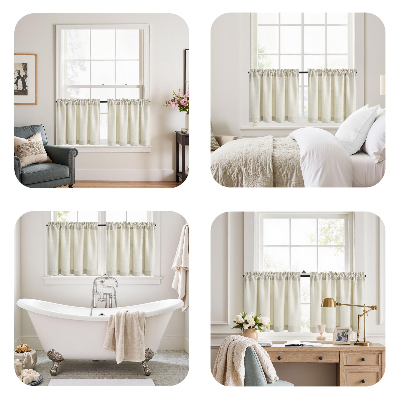 Vangao Scheibengardinen Modern Küche Beige Bistrogardine 2er Set 90Bx45H cm mit Stangendurchzug Gardinen Kurz Halbtransparente Leinenoptik Küchengardinen für Kleine Fenster Wohnmobil Küchenfenster