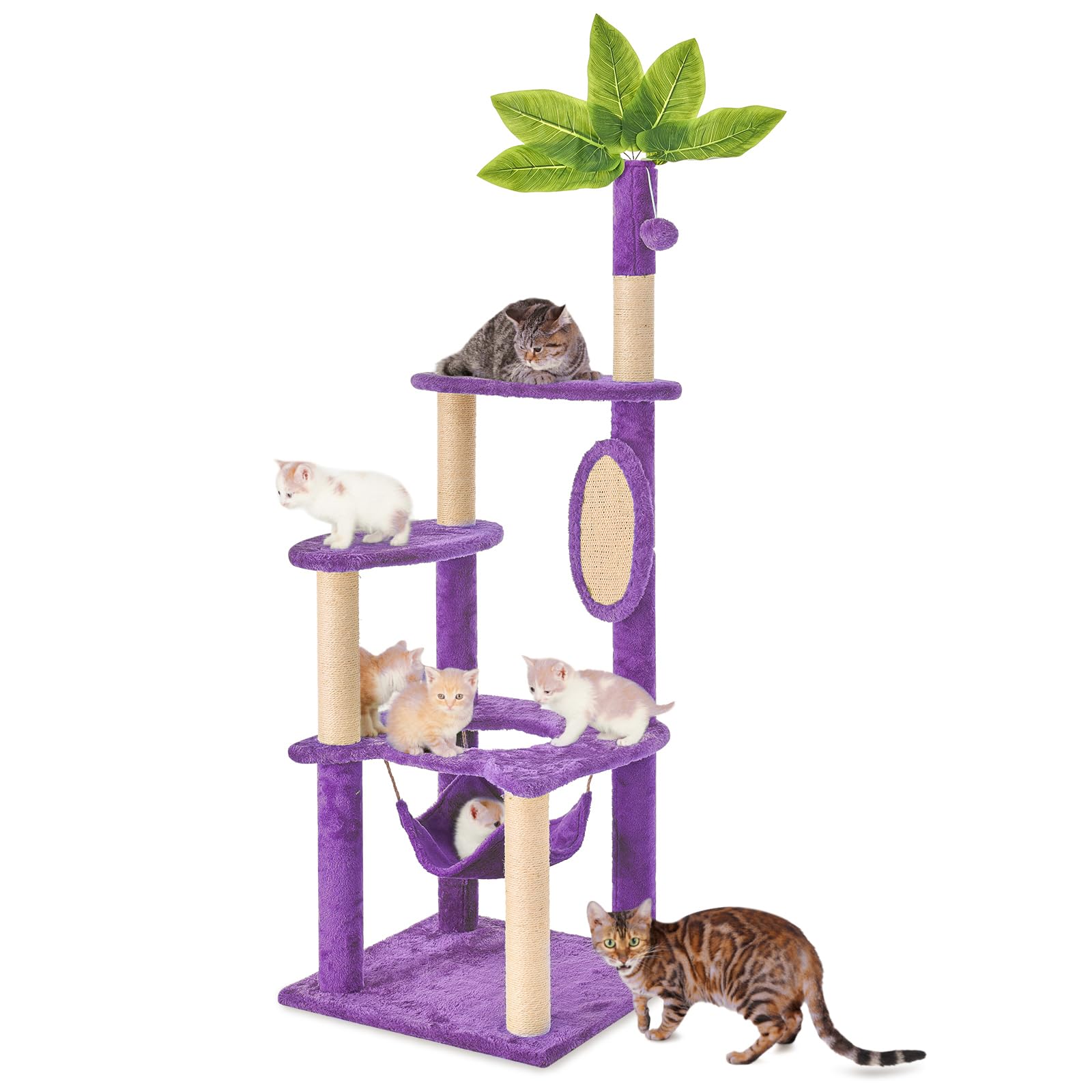 55" Cat Tree for with Green Leaves, Multi-Level Large Cat Tower with Hammock, Plush Cat House with Hang Ball Toy and Sisal Scratching Posts Furniture, Deep Purple