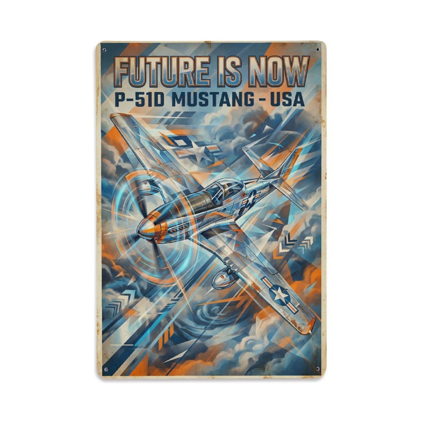 Constructivist P-51D Mustang Military Aviation Metal Tin Sign Plaque Wall Decor for Cafe, Man Cave, Club Bar, Office, Home Garden Round Metal Poster 8x12Inch