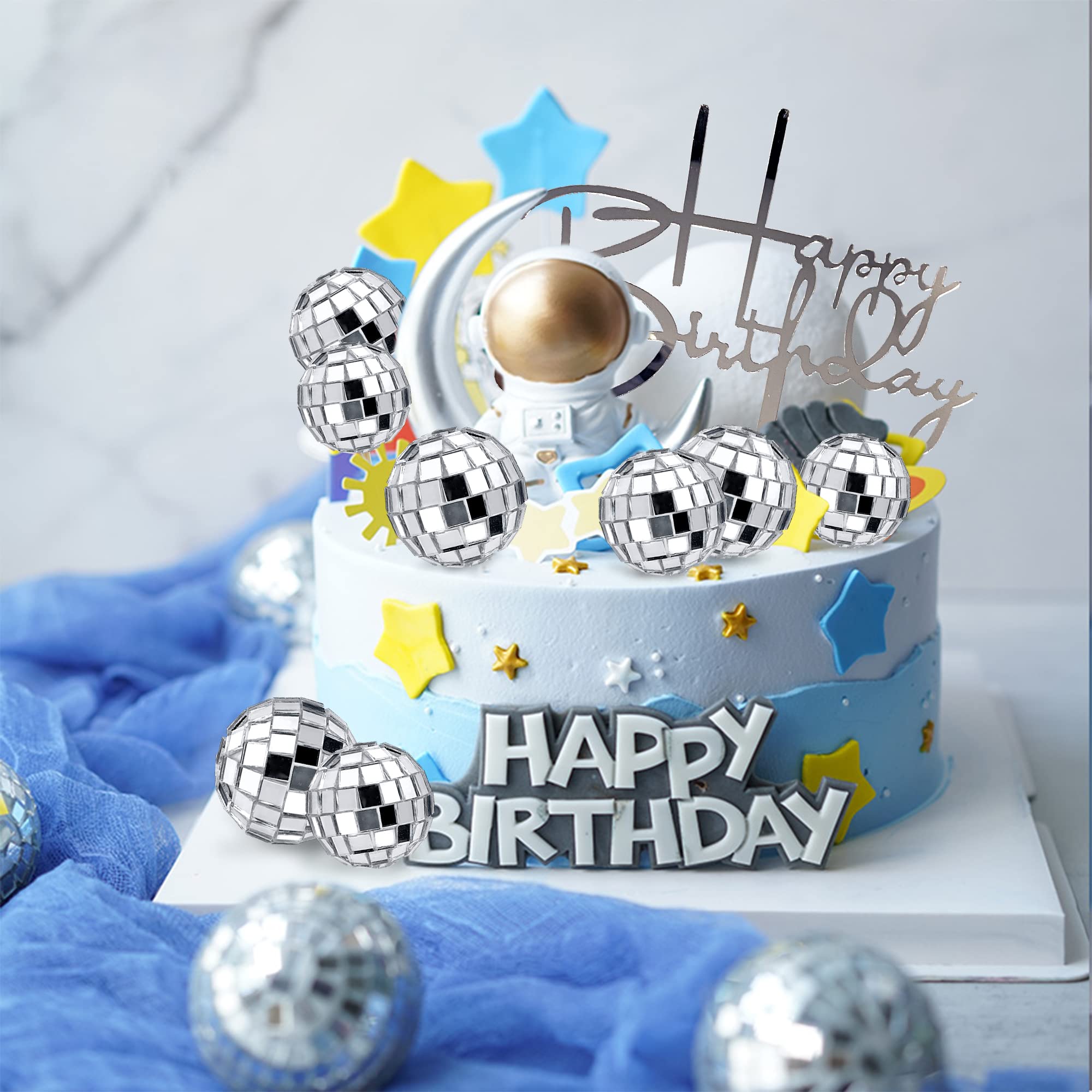 Disco Ball Cupcake Topper – 12 Stück, 4 Größen, Golden – Für 70er Party & Geburtstag