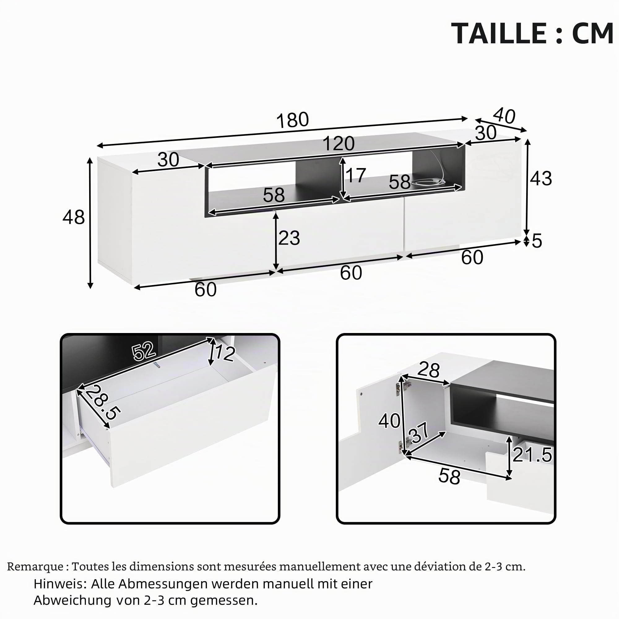 Meuble TV avec Lumières LED et Tiroirs, Armoire de Télévision avec 2 Portes Form L et Espace de Rangement Ouvert, Meuble Télé de Salon, Armoire Basse Salle de Séjour Intérieur (Blanc-4W)