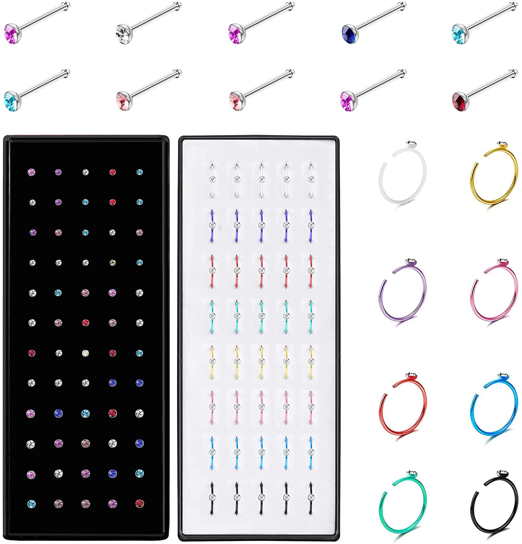 CASSIECA Piercing para nariz, 100 – 200 unidades, aro de acero inoxidable, 20 g, recta, nariz, perno para mujer, hombre, aro cartílago Tragus Oído Piercing Set