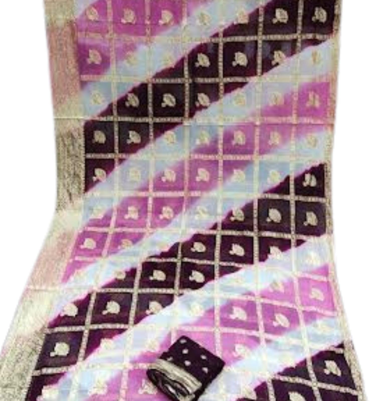 Pure Georgette Jaipuri Batik Lehriya Saree with Zari Checks Chit Pallu Traditional Rajasthani Printed Saree with Contrast Blouse (Purple & Pink)-picture-14
