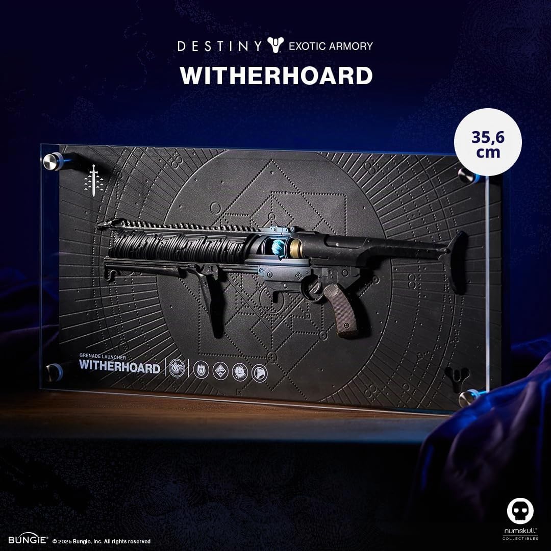 Numskull Figura Oficial Witherhoard Arma Exótica – Placa Réplica de Edición Limitada 35 x 18 cm – Merchandising Oficial de Destiny 2 – Figura del Videojuego de Acción FPS Sci-Fi | Pantalla de montaje en pared de 14x7 in / 35 x 18 cm. Para los fans de Dest