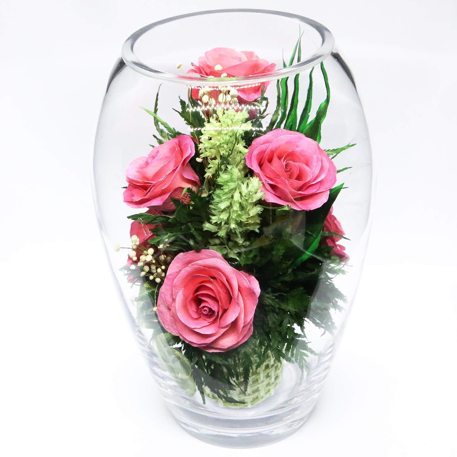 Long Lasting Roses in Sealed Glass Vase Fresh Cut Roses Unique Present Gift (Elliptical Vase)