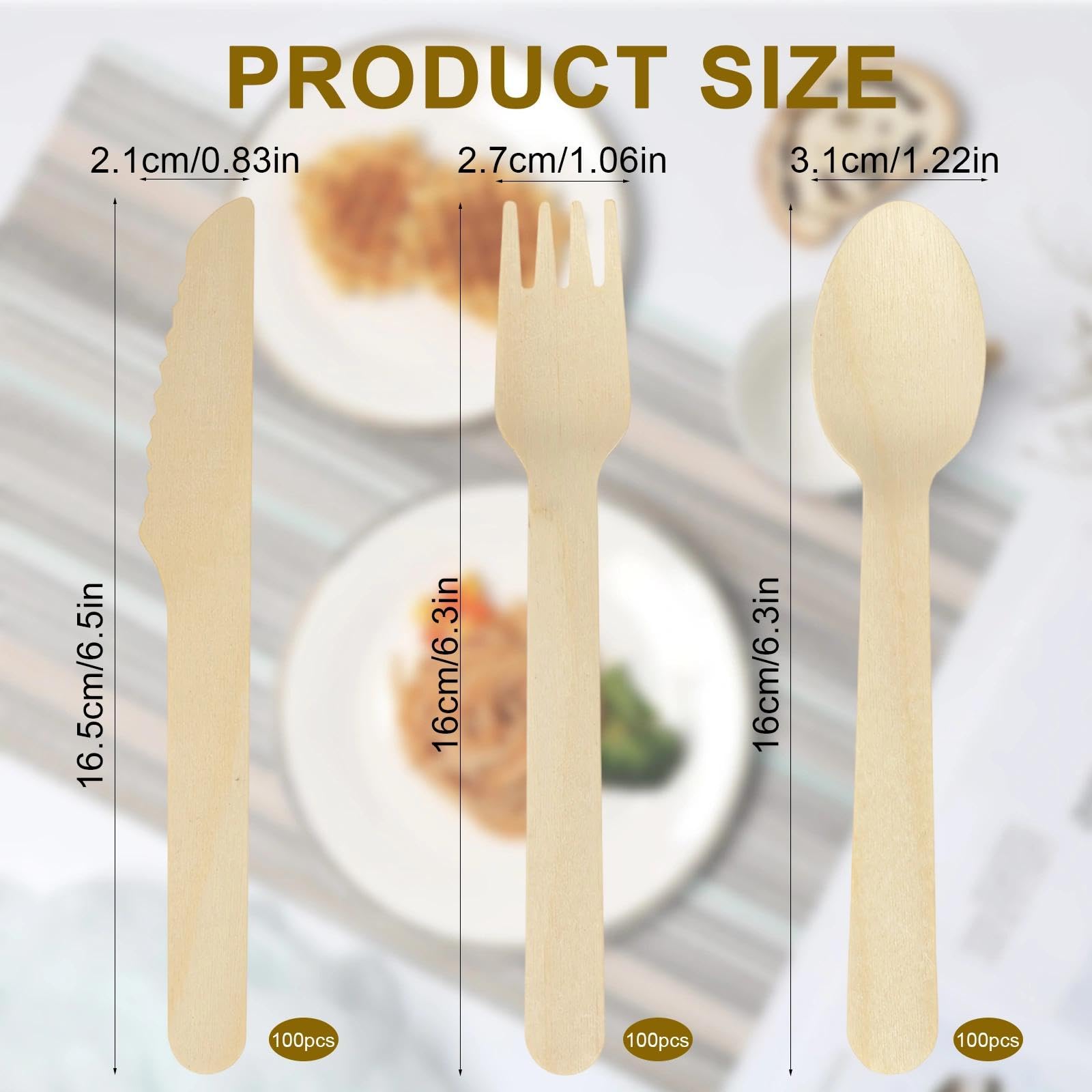 Couverts de Table Jetables, 300 Pièces Couvert Bois, Comprend 100 Fourchettes, 100 Cuillères et 100 Couteaux en Bois, Bouleau Couverts Pique Nique, pour Barbecues, Fêtes et Pique-Niques