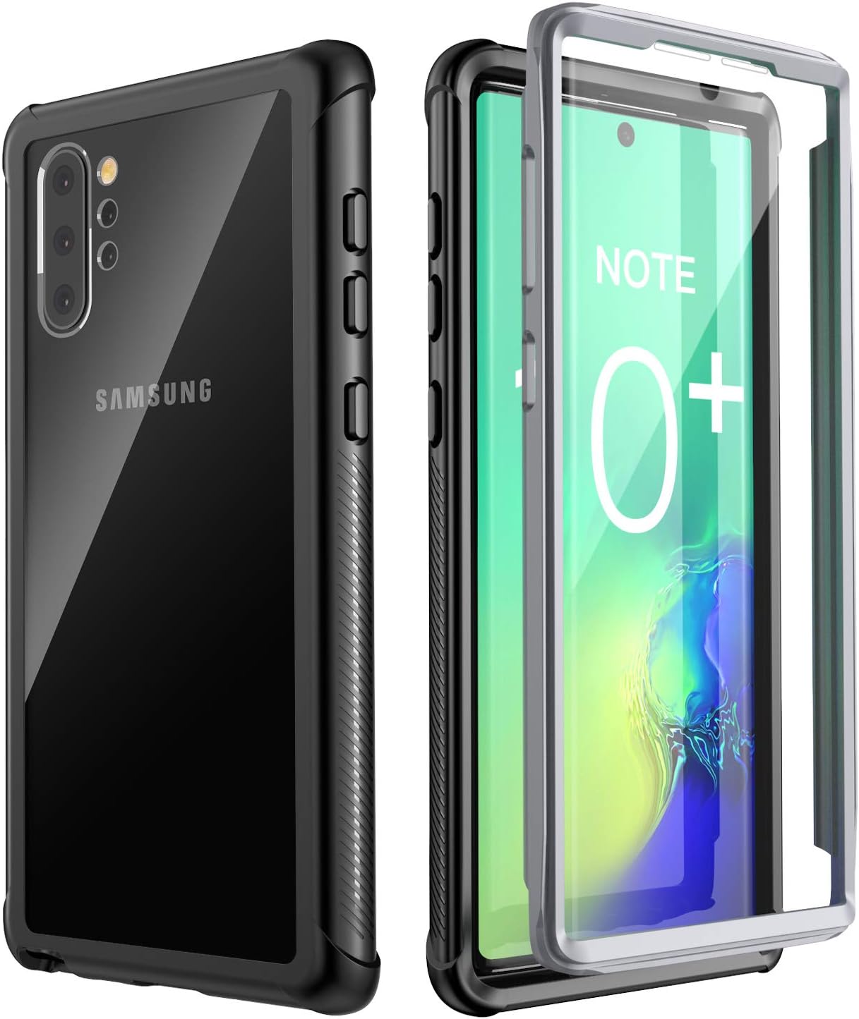 Galaxy Note 10+ Plus Case,Built-in Screen Protector Heavy Duty Shockproof Rugged Cover for Samsung Galaxy Note 10+ Plus/Note 10 Plus 5G (Black+Clear)(Fingerprint Unlock with Fingerprint Film)