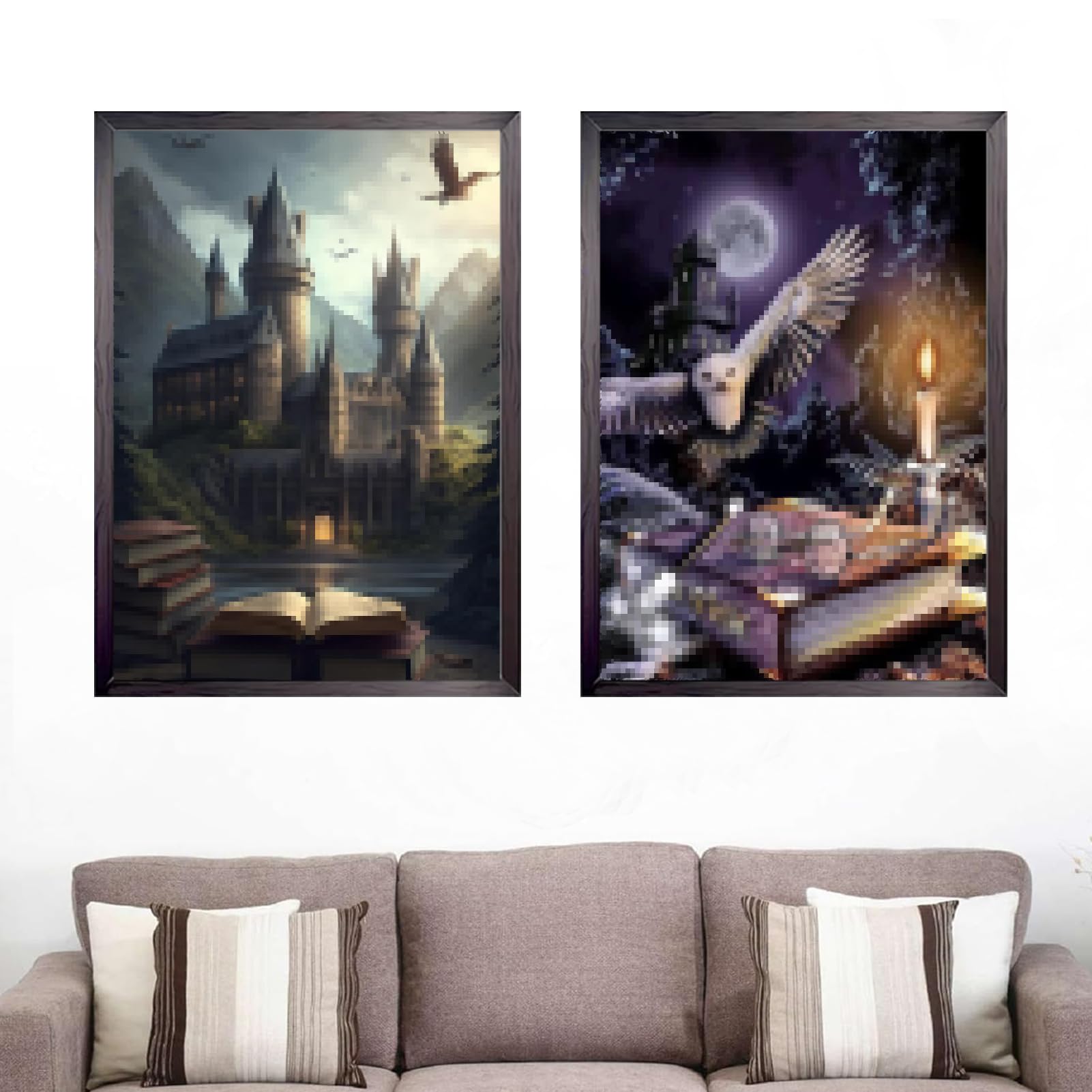 Juego de Diamond Painting 5D de 2 Piezas Para Adultos 30 X 40 cm, DIY Pintura de Diamante Búho Castillo Nocturno Cuadro Diamantes Adecuada Para Principiantes, Para El Hogar, Decoración de Paredes