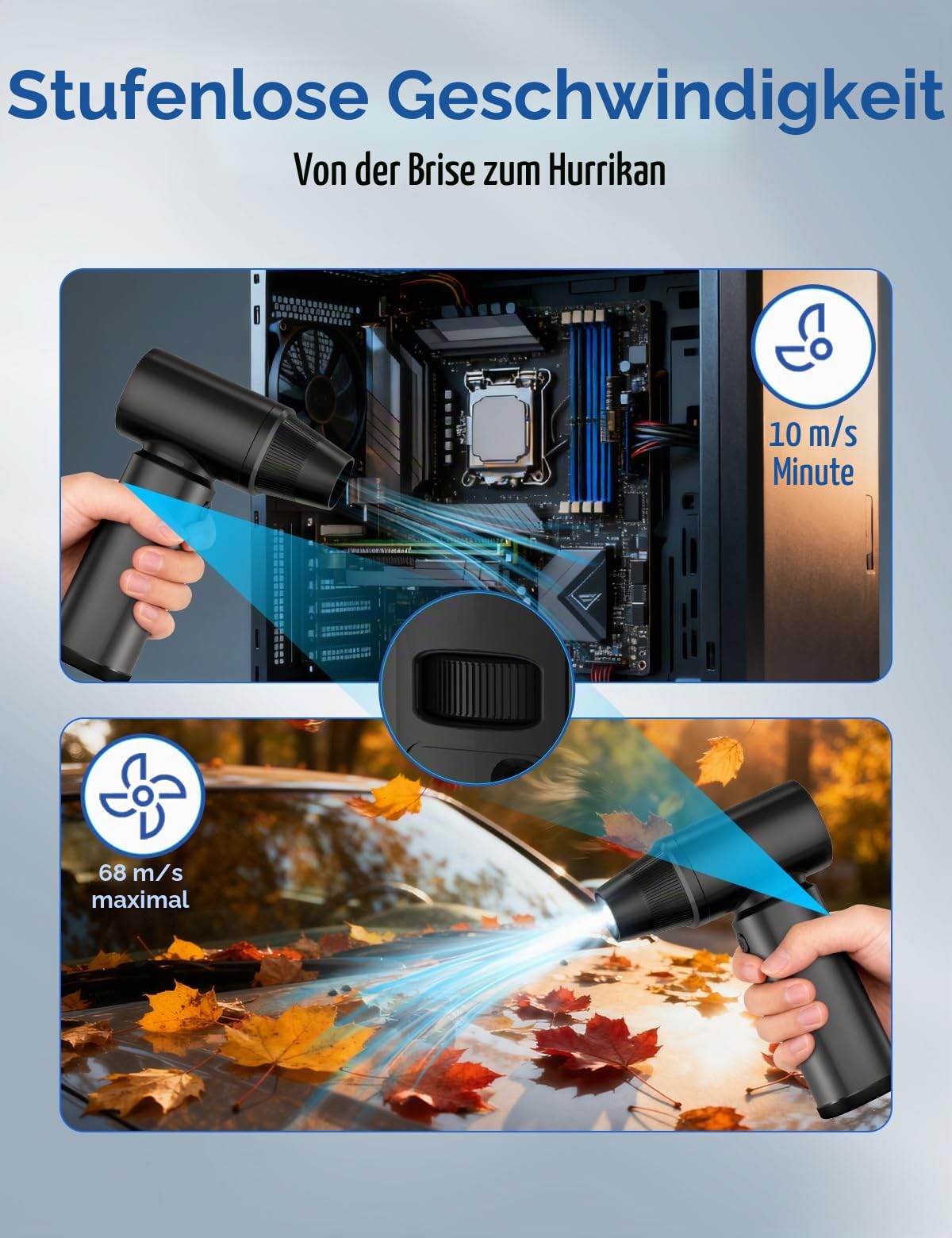 Elektrisches Staubgebläse Aluminium, Electric Air Duster Super Power mit Akku Windkraft Dual-Modus Stufenlos Einstellbare Geschwindigkeit, für Computer Tastatur Haus Auto Garten