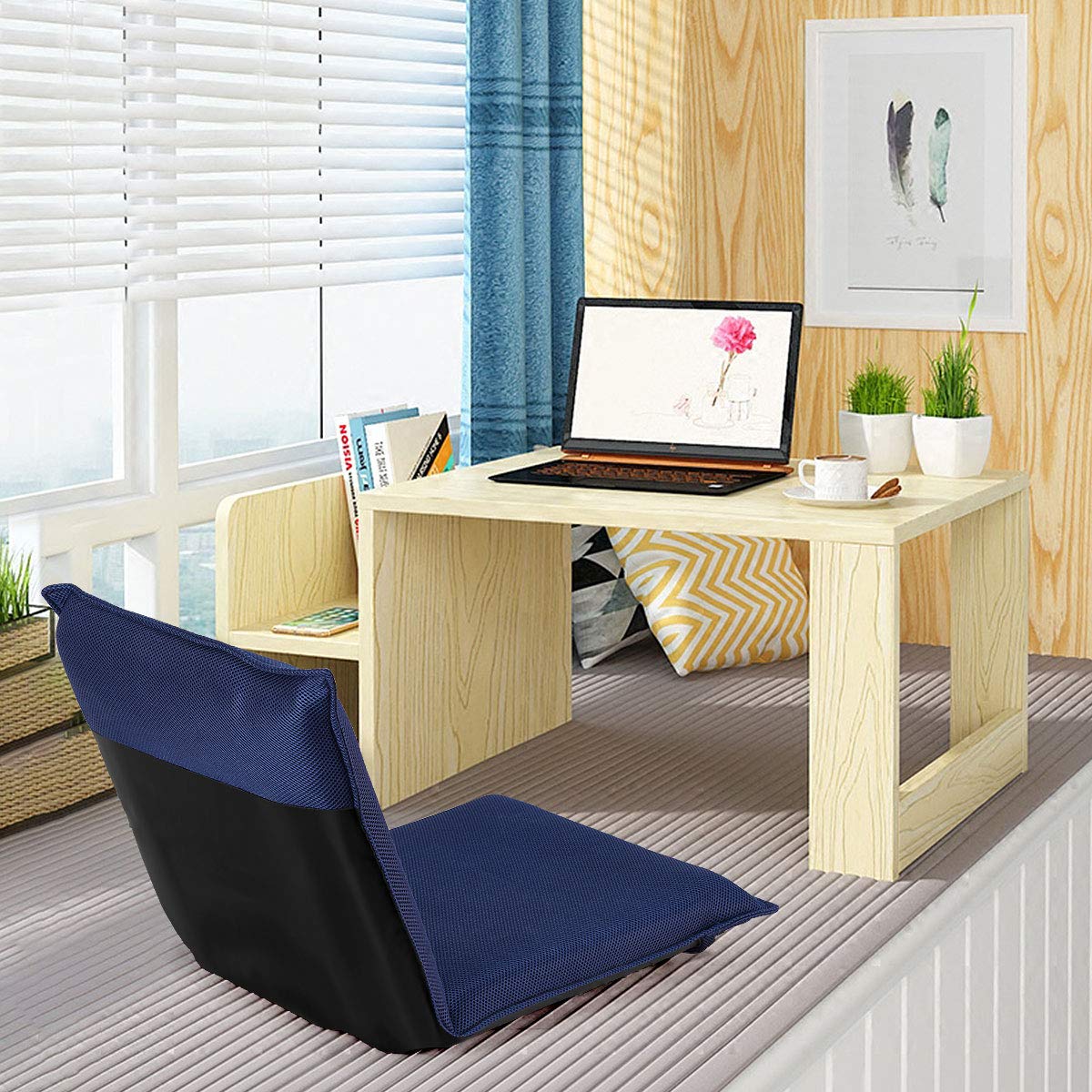 GOPLUS Bodenstuhl, Bodensessel mit 6-stufig Verstellbarer Rückenlehne, Bodensofa mit abnehmbarem Bezug, Lesesessel Liegestuhl Meditationsstuhl für Wohnzimmer (Blau)