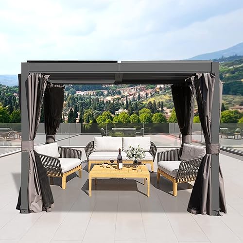 Domi 10'x10' Aluminum Louvered Pergola Outdoor Pergola with Adjustable Roof Sun Shade Gazebo with Gutter System for Backyard Garden Deck (Dark Grey)
