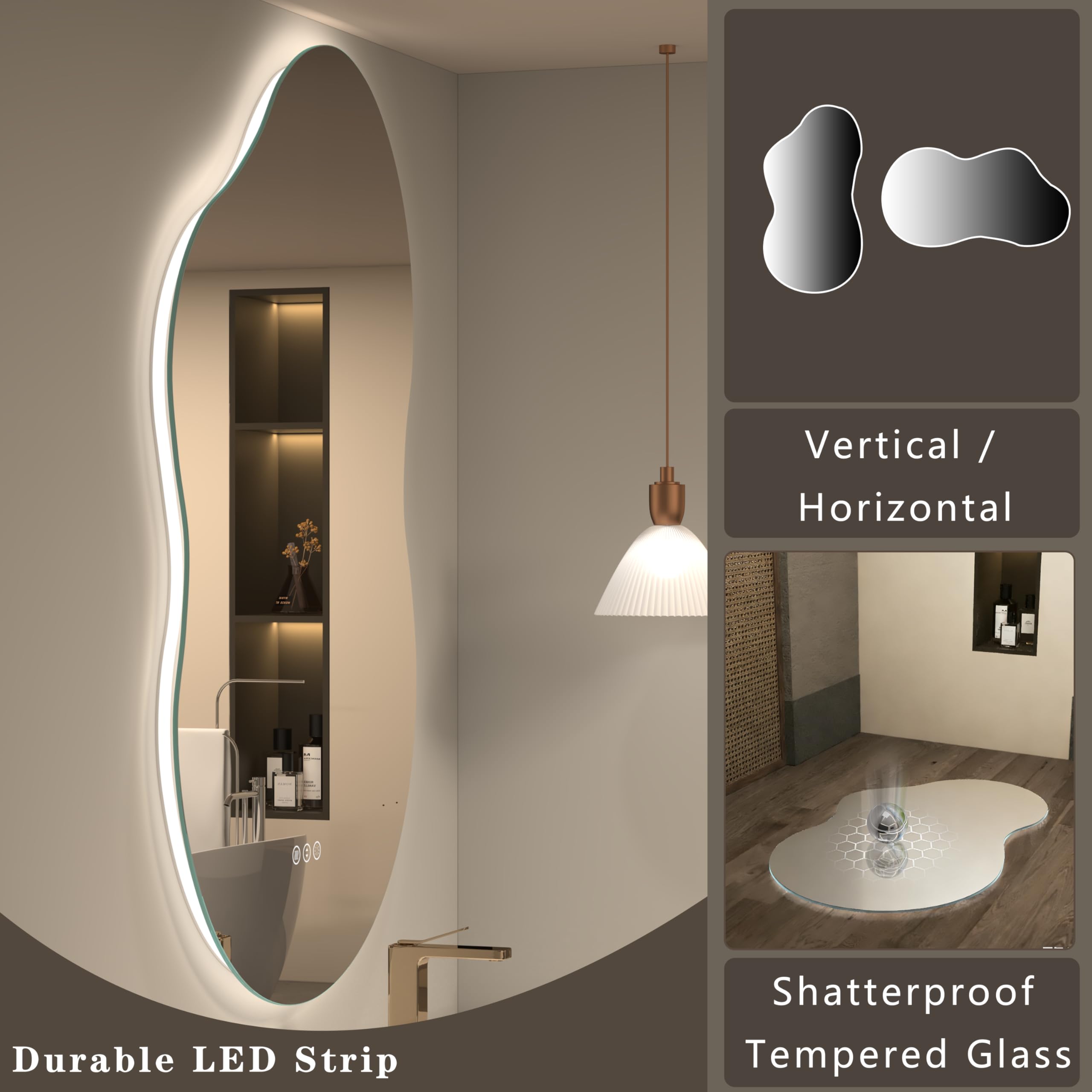 OKPAL Espejo retroiluminado irregular para pared de 24 x 36 pulgadas, espejo de baño asimétrico iluminado con luces, inastillable, antivaho, regulable, función de memoria (horizontal/vertical)